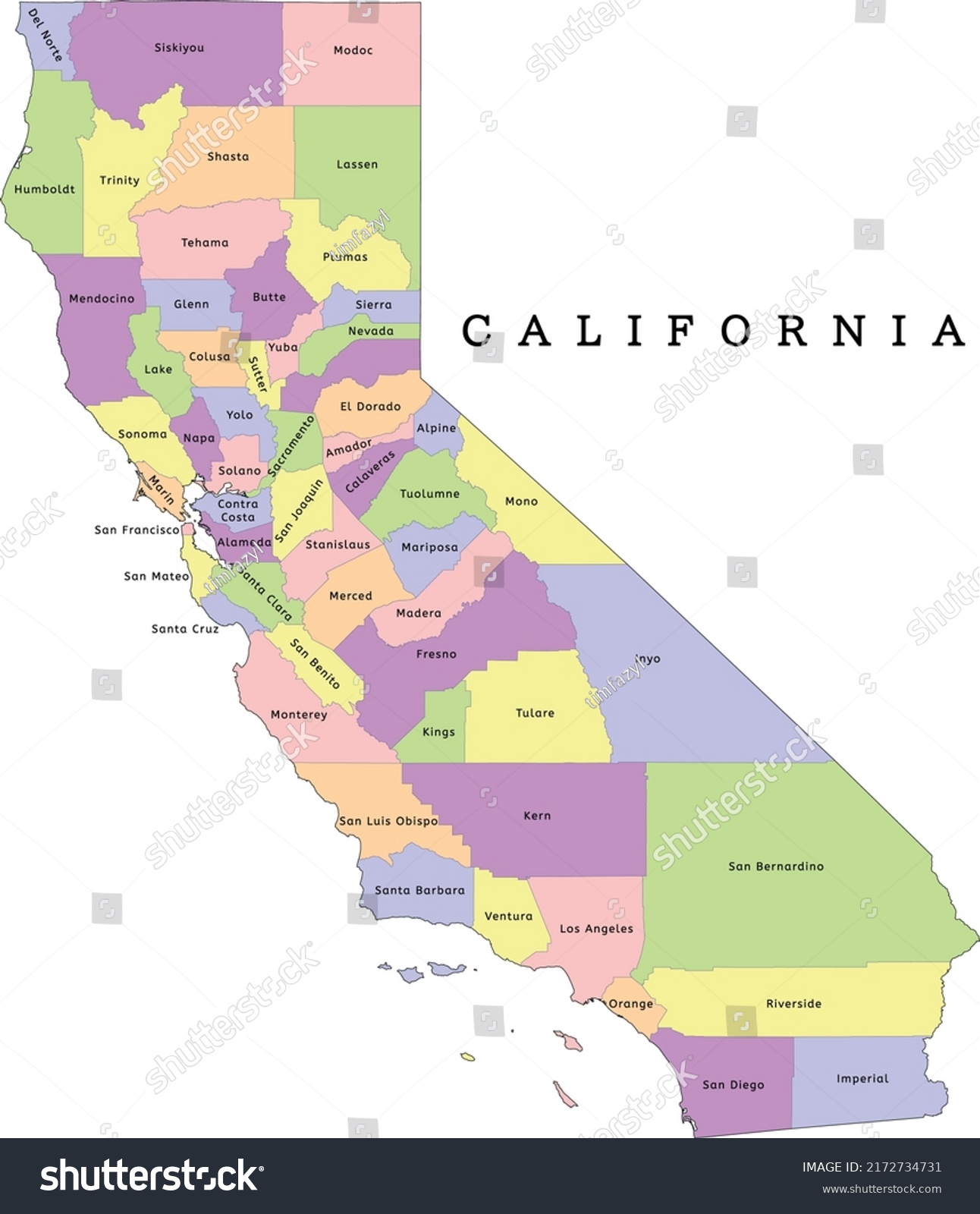 California State Administrative Map Counties Clolred Stock Vector ...