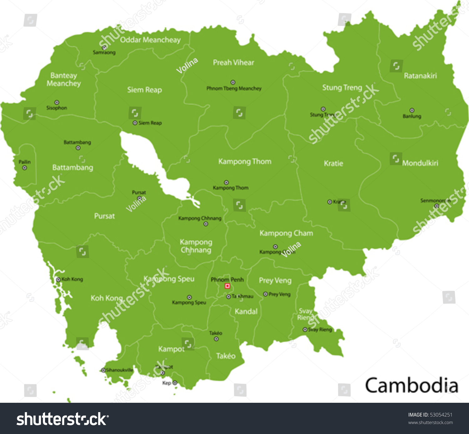 Cambodia Map Provinces Capital Cities Stock Vector Royalty Free