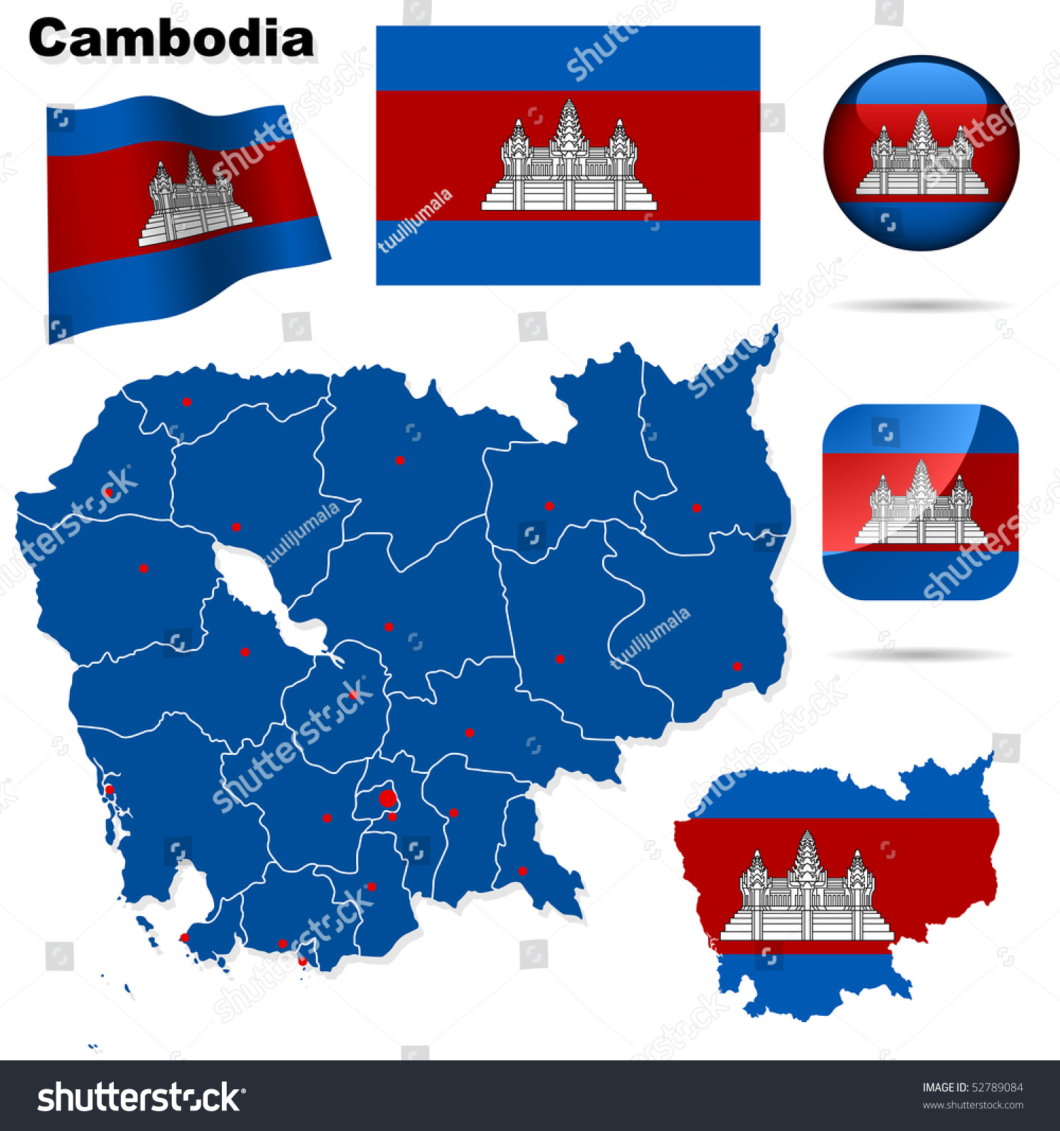 Cambodia Vector Set. Detailed Country Shape With Region Borders, Flags ...