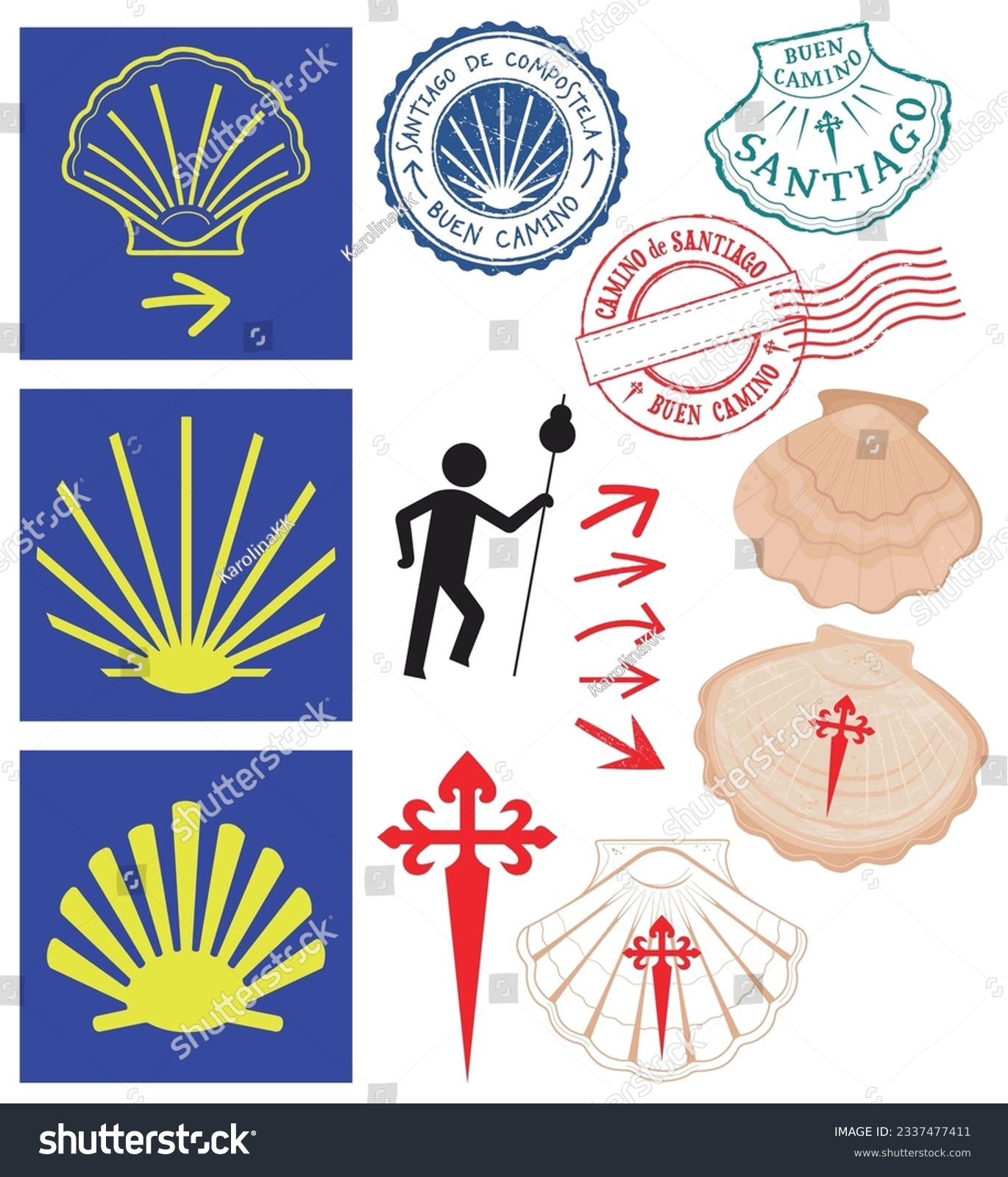 SVG of Camino de Santiago Compostela in Spain: set of stamps and symbols, marian shell, pilgrim route svg