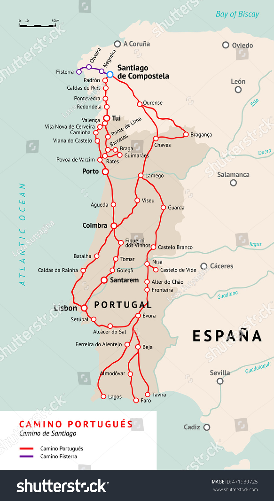 Camino Portugues Map Camino De Santiago Stock Vector Royalty Free 471939725