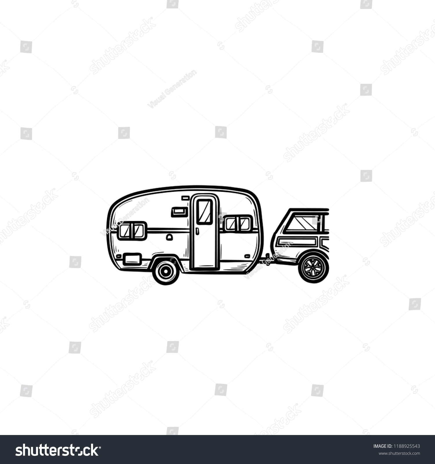 SVG of Camper and car hand drawn outline doodle icon. Caravan vacation and trip, travel trailer, recreation concept. Vector sketch illustration for print, web, mobile and infographics on white background. svg