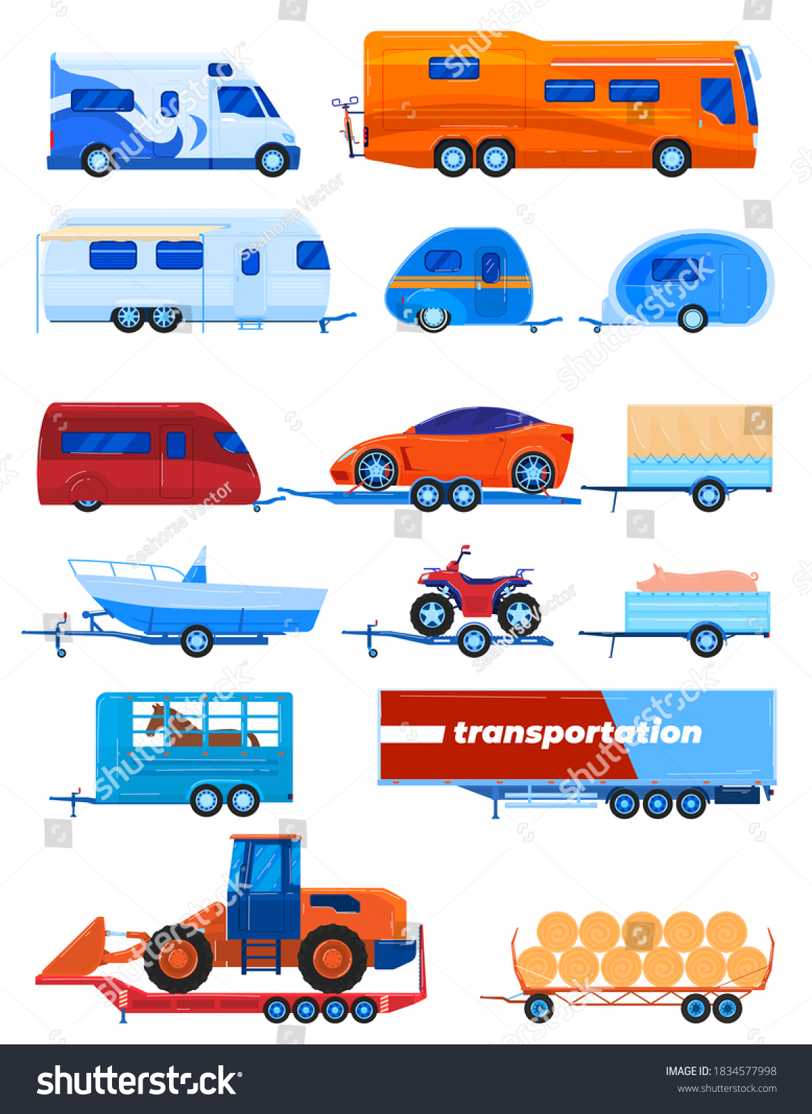 SVG of Camper trailer transport vector illustration set. Cartoon flat car bus caravan campervan collection for people tourist passengers transportation, truck vehicle for cargo transporting isolated on white svg