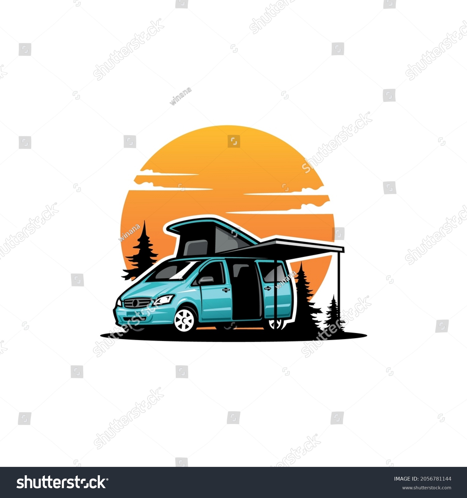 SVG of Camper van with side awning and pop up tent vector svg