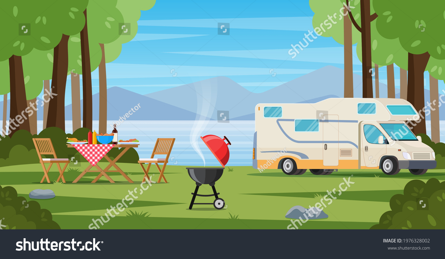 Stock Vector Camper With Barbecue Folding Table Deckchair Summer Camping Outdoor Nature Adventure Active 1976328002 