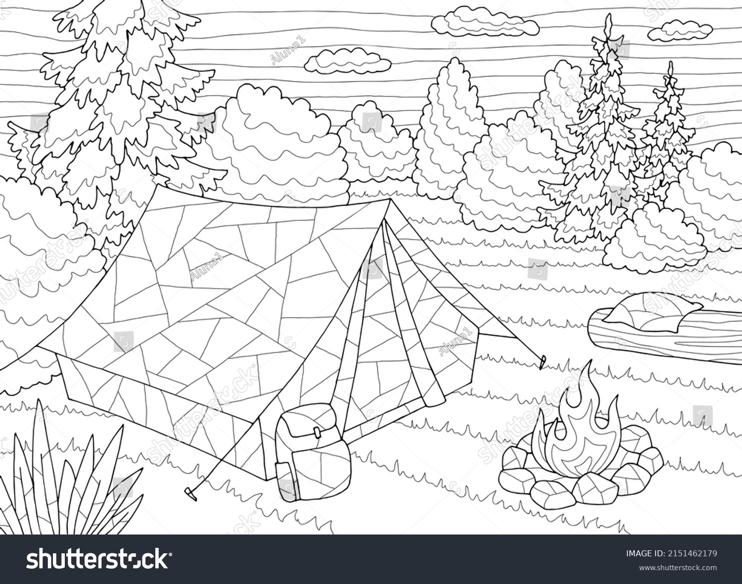 Camping Coloring Graphic Black White Landscape Stock Vector (Royalty ...