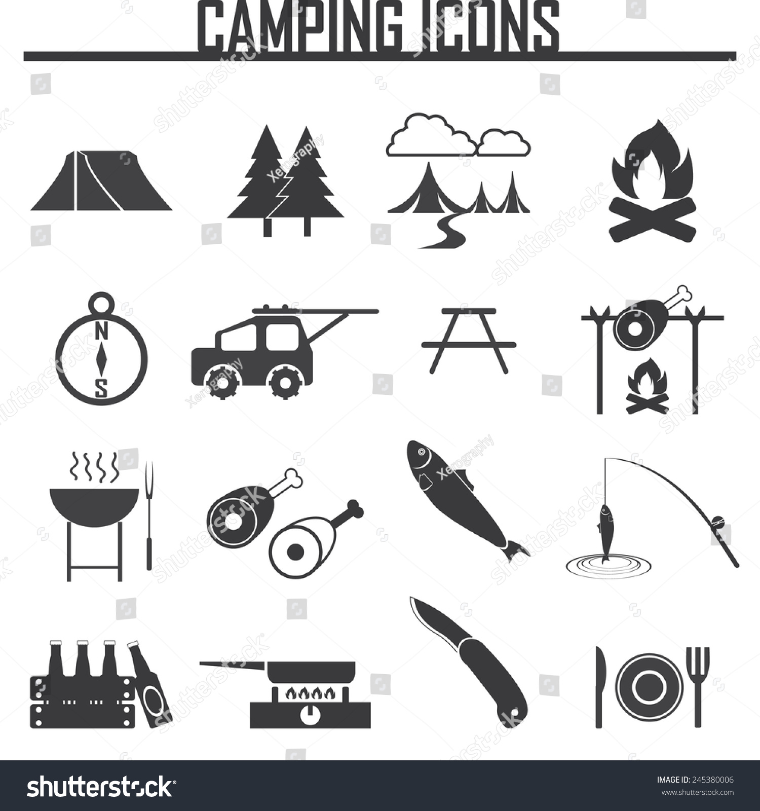 Camping Equipment Symbols Icons Stock Vector (Royalty Free) 245380006