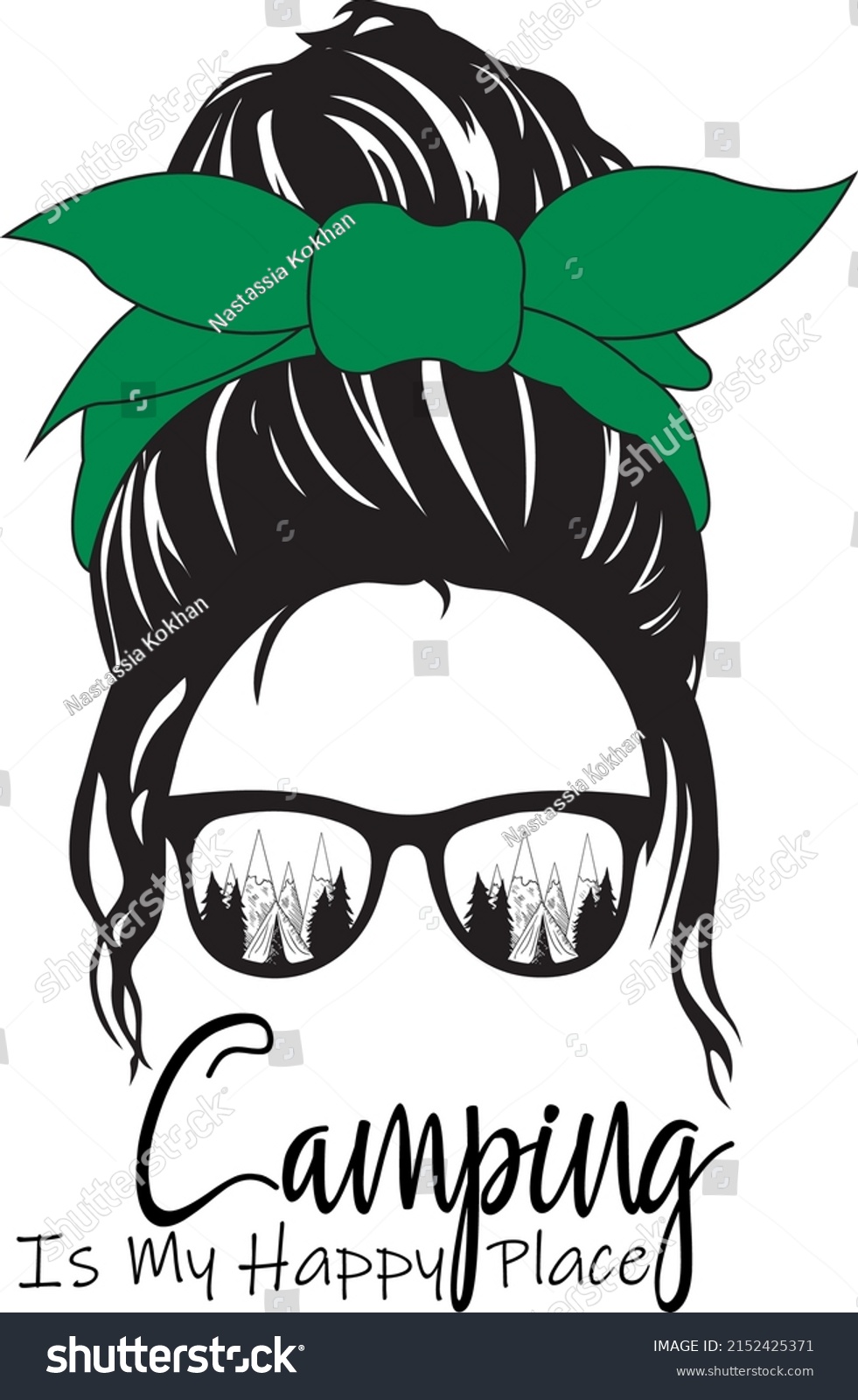 SVG of Camping is my happy place Svg vector Illustration isolated on white background. Camping messy bun with green bow. Summer vacation shirt design.Camping life decor. Sunglasses with mountains and forest. svg