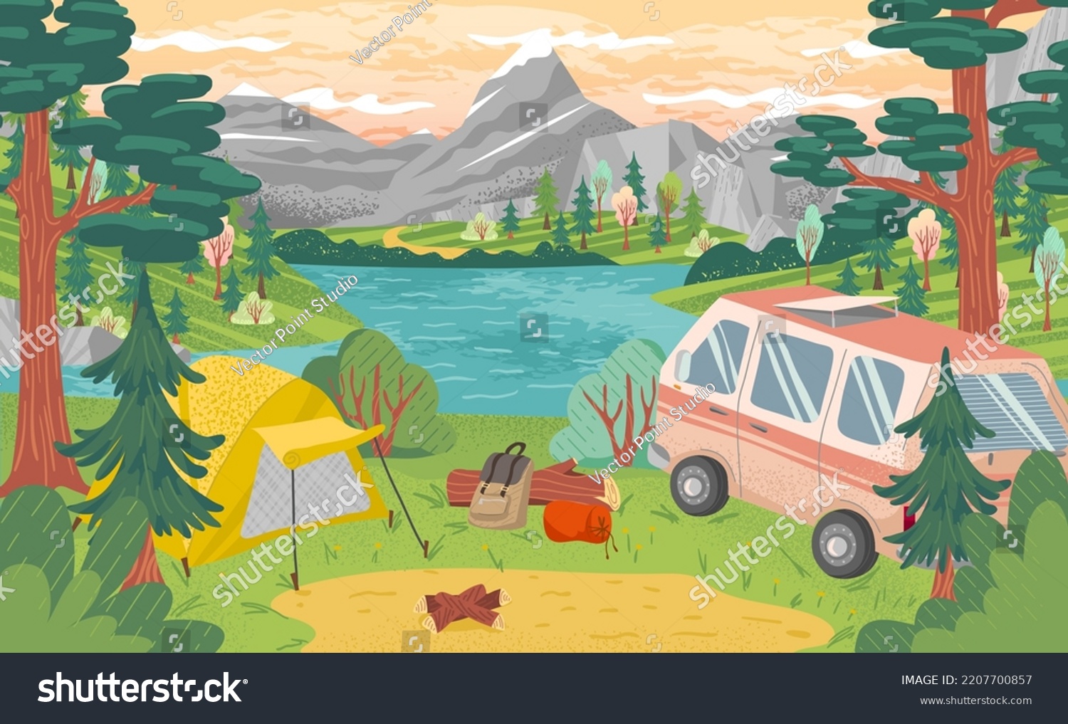 SVG of Camping site with tent, bonfire and camper van with mountain and lake landscape on background. Summer camp vacation vector illustration. Adventure, nature, campfire svg