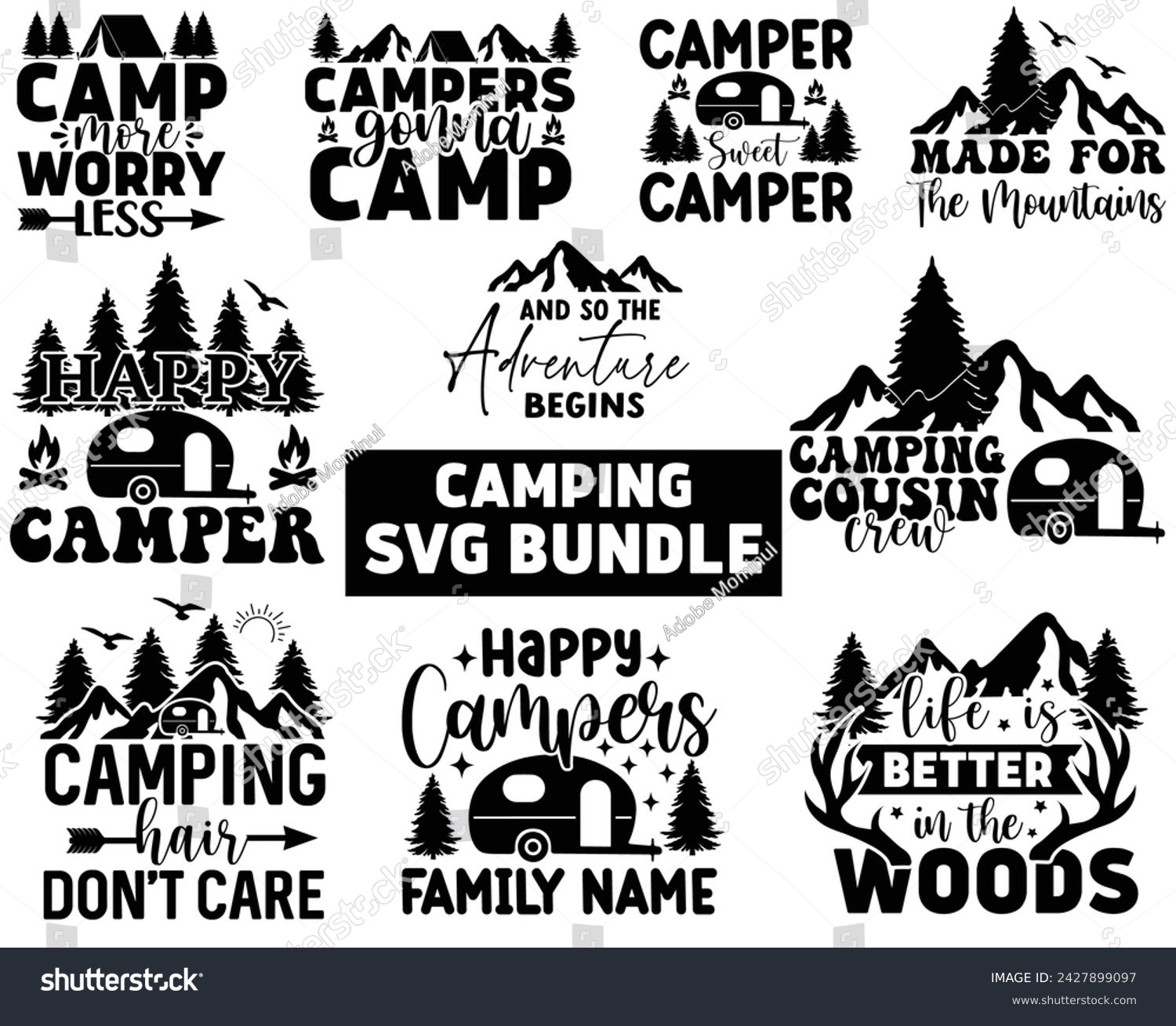 SVG of Camping T-shirt Design Bundle,Happy Camper Svg,Camping Svg,Adventure Svg,Hiking Svg,Camp Saying,Camp Life Svg,Svg Cut Files, Png,Mountain T-shirt,Instant Download svg