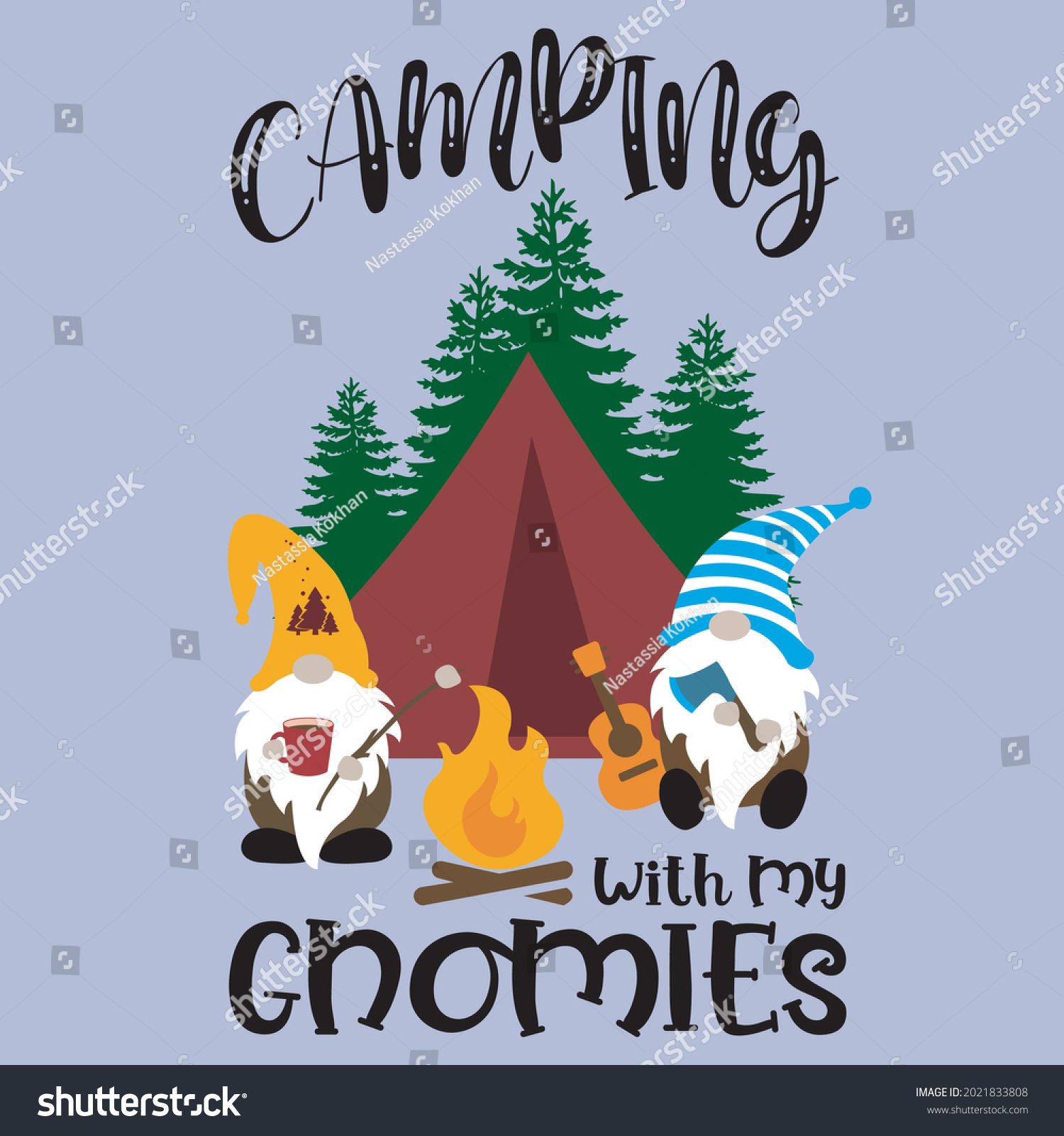 SVG of Camping with my gnomies svg vector illustration isolated on white background. Gnomes   are sitting near the tent. Happy gnome camper . Camping shirt design.Travel illustration for family vacat svg