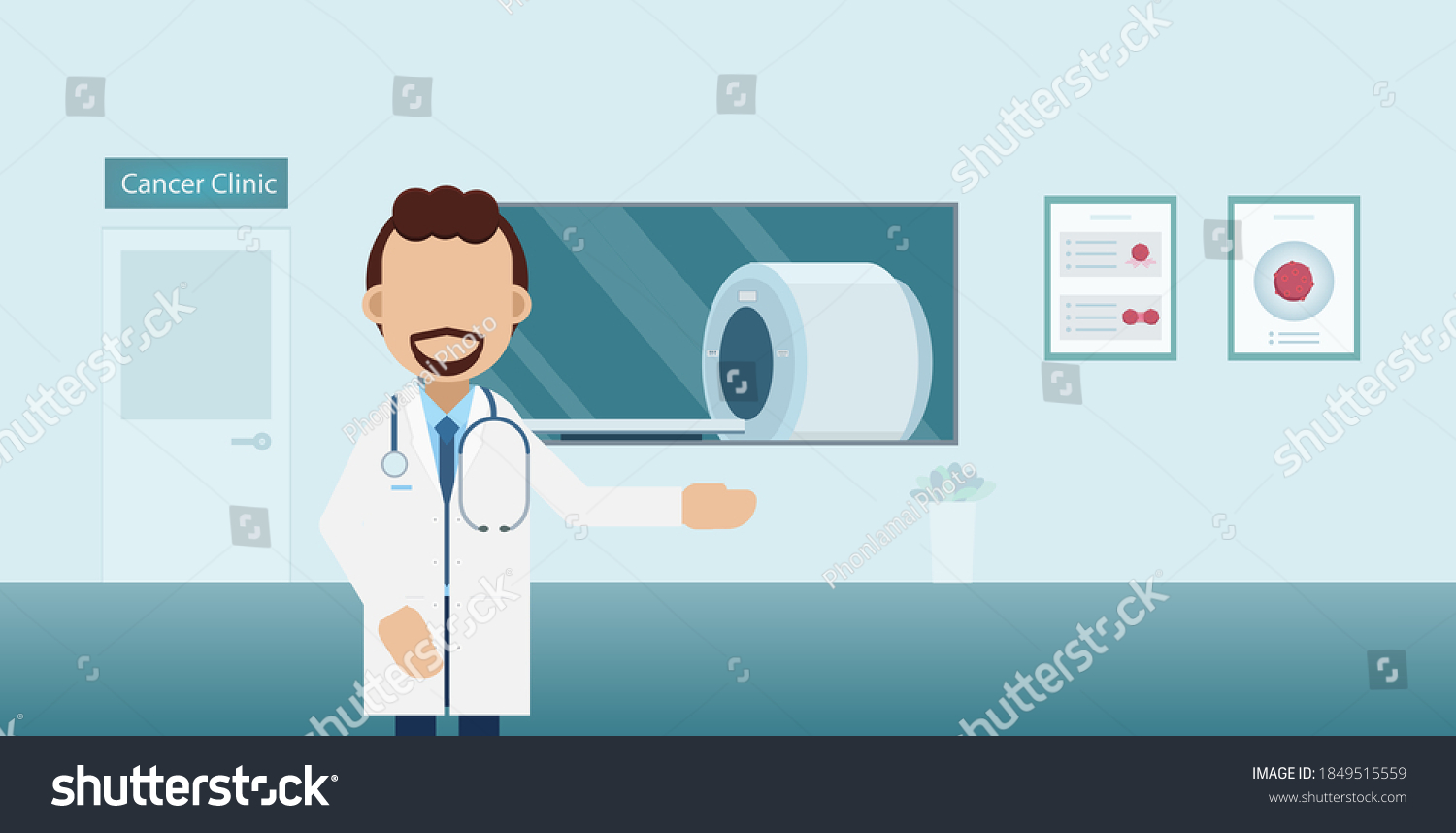 SVG of Cancer clinic interior with doctor and ct scan machine flat design vector illustration svg