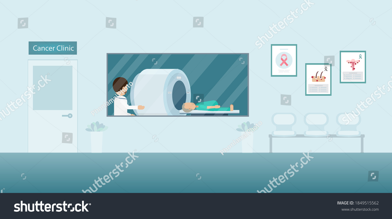 SVG of Cancer clinic interior with doctor and patient in ct scan machine flat design vector illustration svg