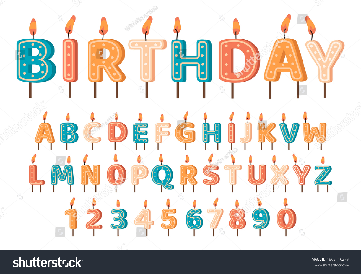 SVG of Candles birthday alphabet. Birthday candles ABC letters and numbers, cute alphabet for birthday cake. Birthday candles font vector symbols set. Decoration for cake on holiday celebration svg