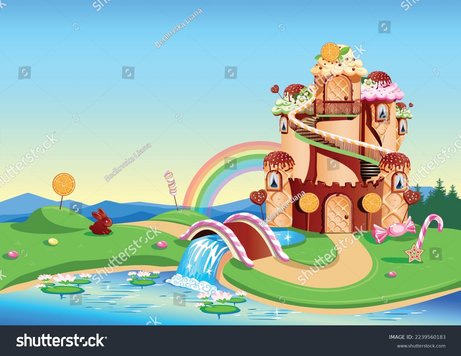 SVG of Candy land with a sweet castle decorated with cream and chocolate stands in a fairytale glade. Fairy tale country sweet background. Vector illustration. svg