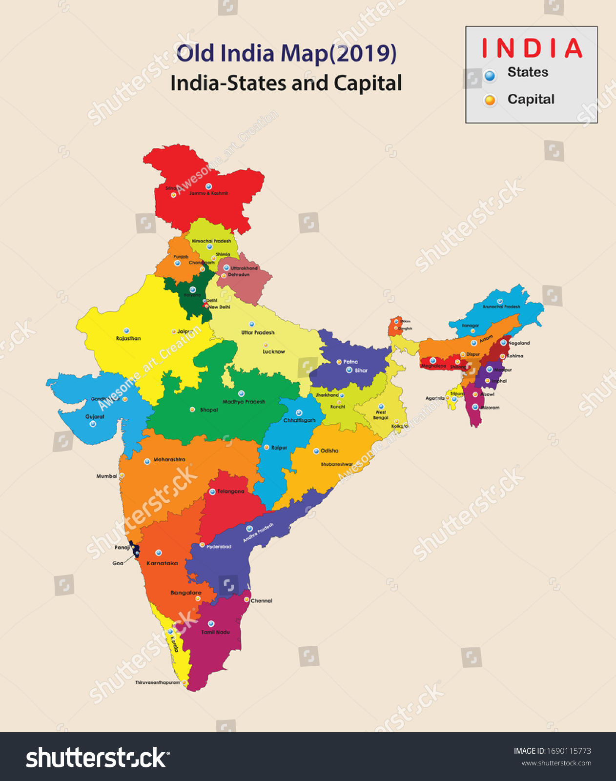 India Map With States And Capitals Capital Name India All States Name Stock Vector (Royalty Free) 1690115773