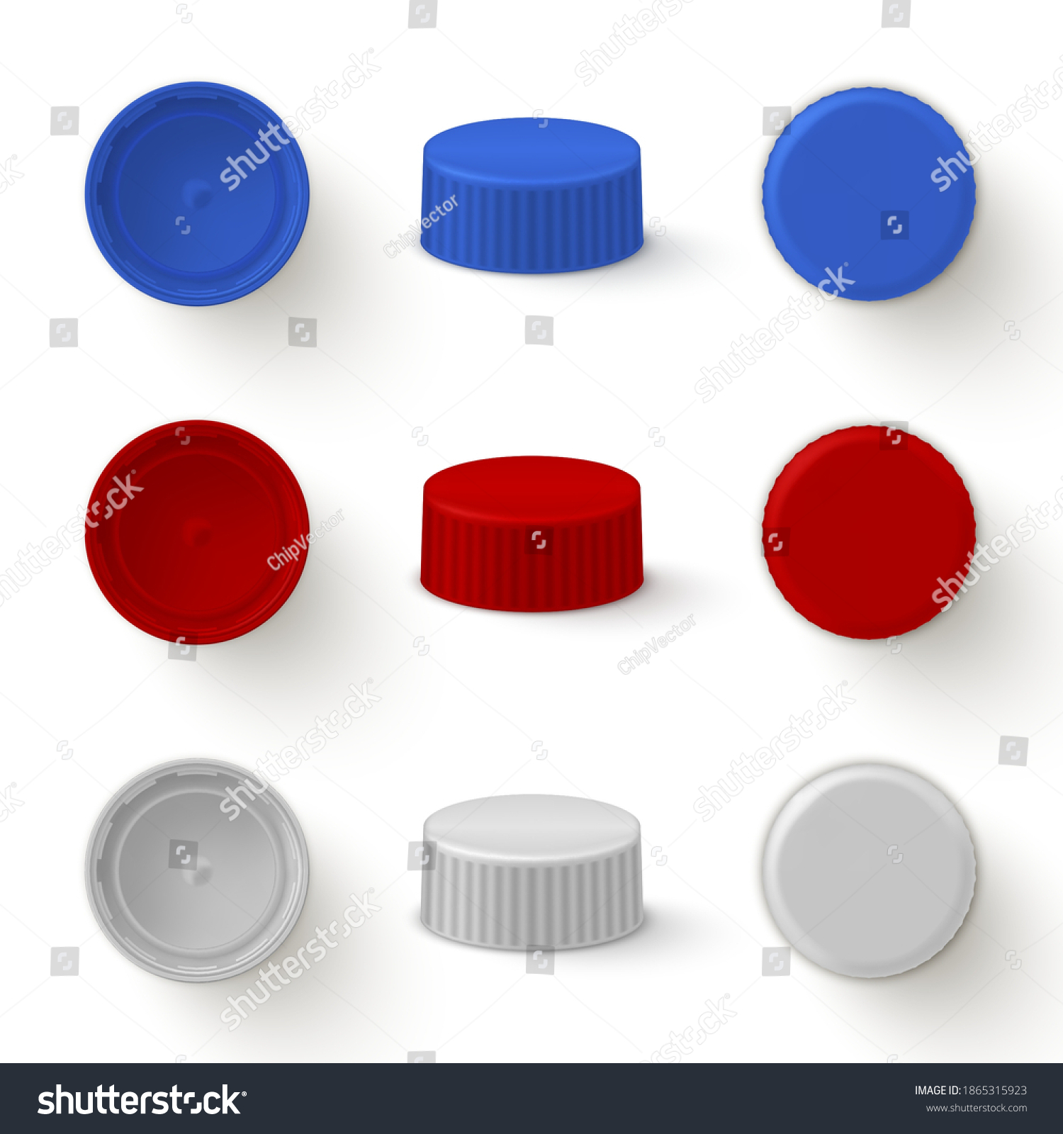 SVG of Caps plastic for bottles realistic mock ups set. Top, bottom, side view. Lids white, red, blue for drinks packaging. Place for your design, logo. Vector caps isolated collection illustration. svg