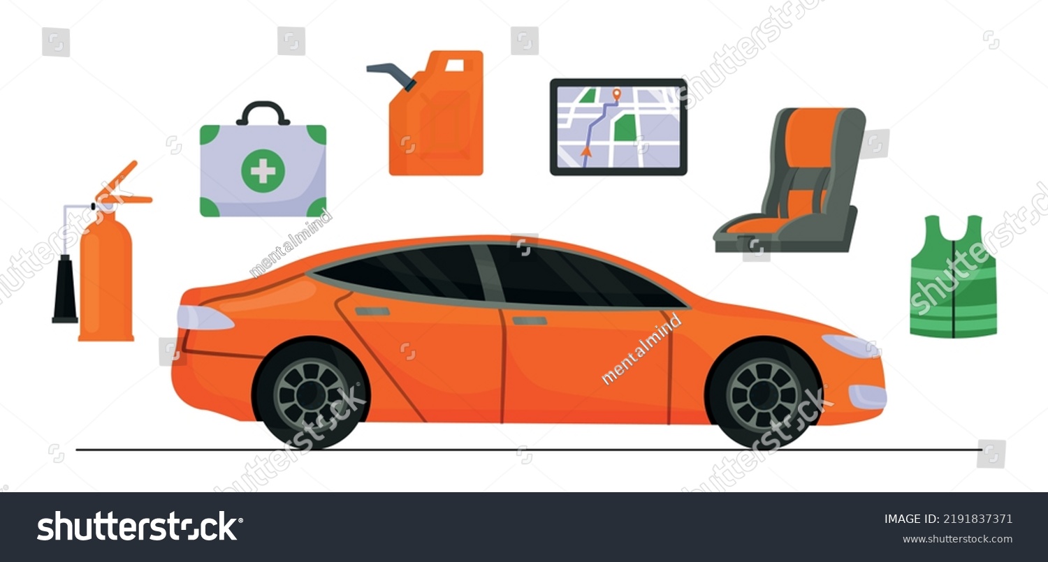 SVG of Car accessories set. Collection of inventory for modifying modern vehicle. Transport development, graphic elements for website. Cartoon flat vector illustrations isolated on white background svg
