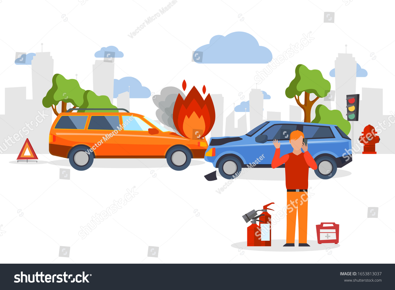 Car accident insurance, road crash in flat cartoon style, man calling for emergency help, vector illustration. Road accident, car collision insurance, people in emergency traffic situation call help