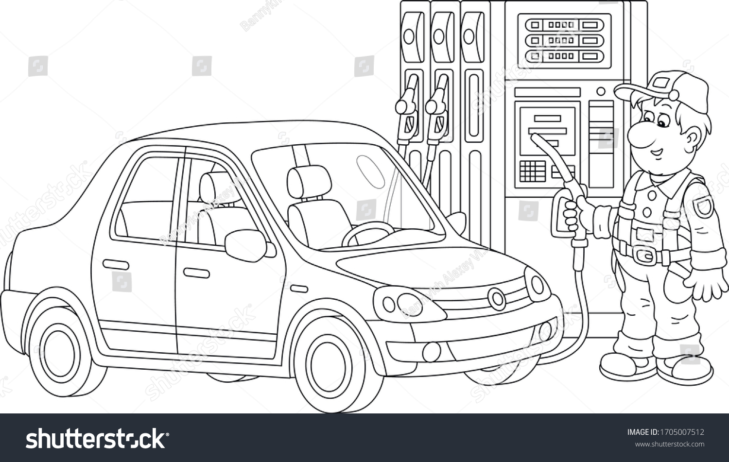 SVG of Car at a gas station with a refueling worker holding a fuel nozzle near a dispenser, black and white outline vector cartoon illustration for a coloring book page svg