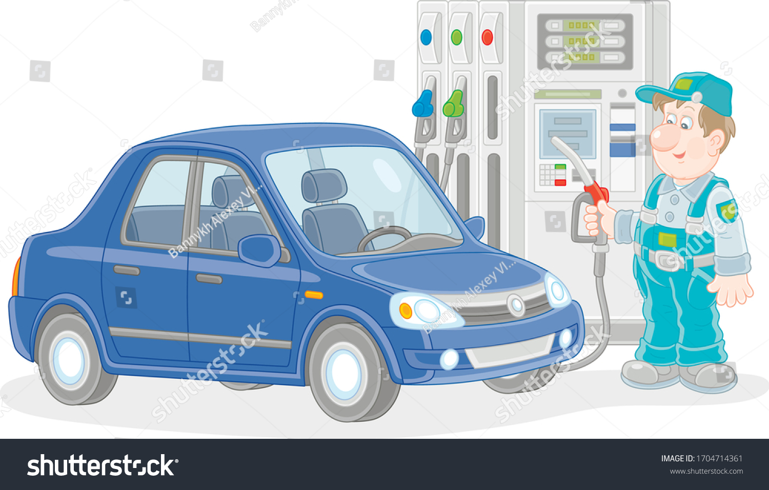 SVG of Car at a gas station with a refueling worker holding a fuel nozzle near a dispenser, vector cartoon illustration isolated on a white background svg