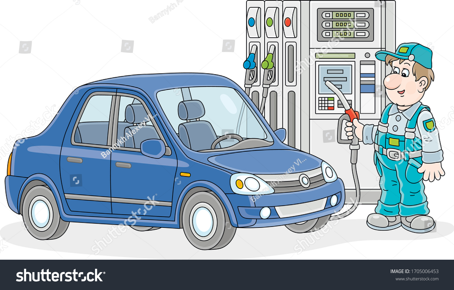 SVG of Car at a gas station with a refueling worker holding a fuel nozzle near a dispenser, vector cartoon illustration isolated on a white background svg