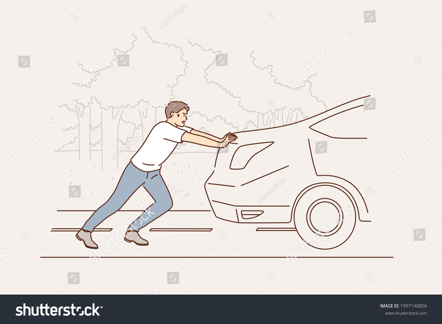 SVG of Car breakdown and service concept. Tired young man cartoon character pushing broken damaged car vehicle on road to service repairing vector illustration  svg