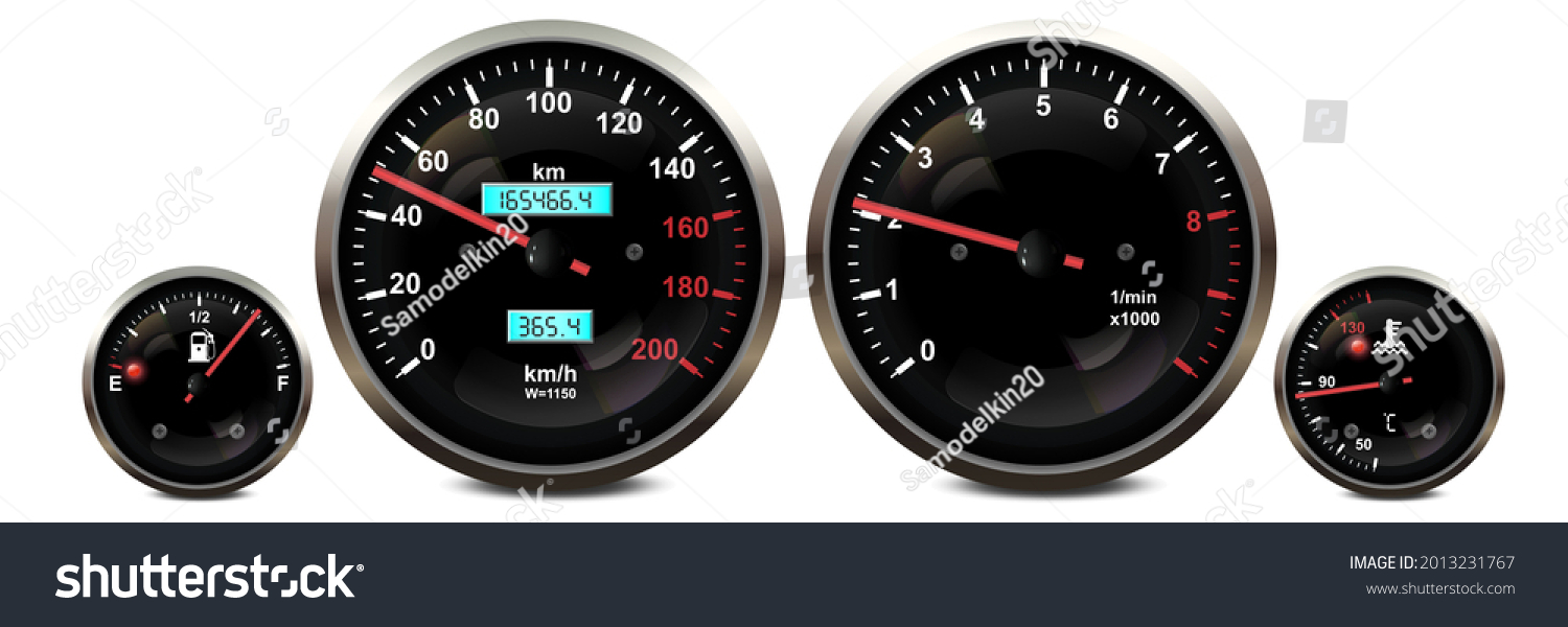 SVG of Car dashboard speedometer, tachometer gauge, fuel and engine temperature digital led light indicators Vector realistic isolated elements of car dash board panel gauges svg