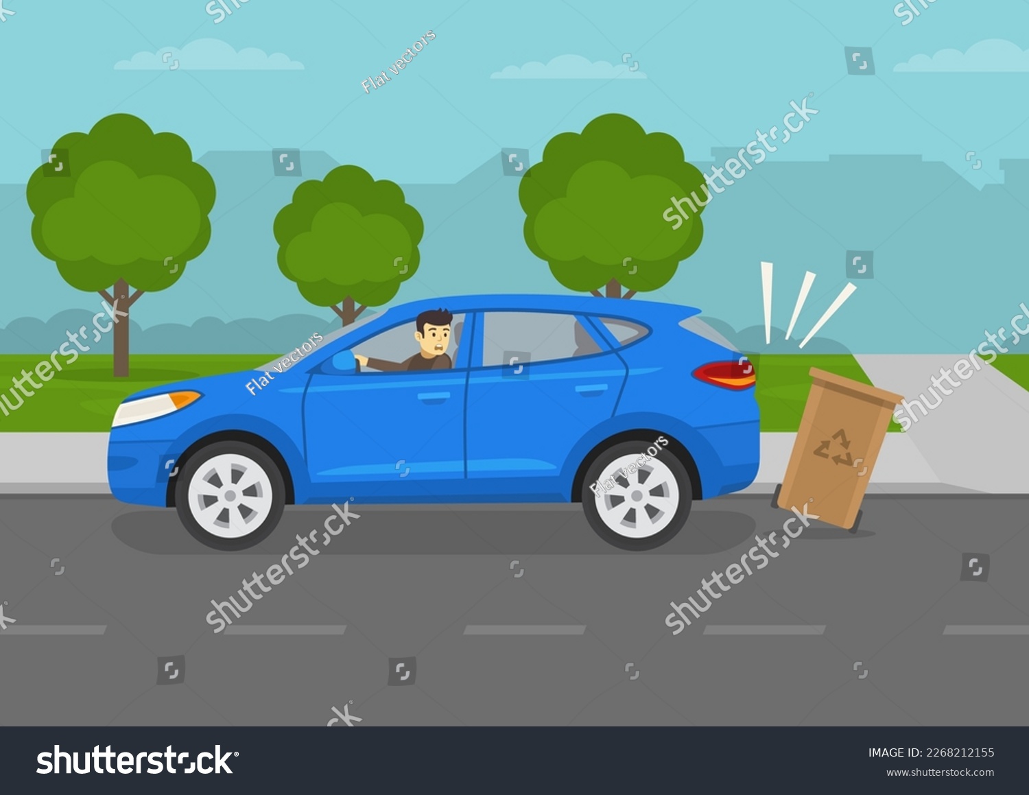 SVG of Car driving tips and outdoor parking rules. Upset driver is looking back from the open window. Driver hits the trash container while reversing. Flat vector illustration template. svg