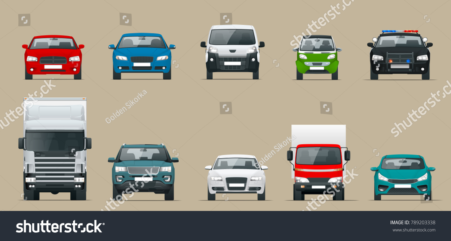 SVG of Car front view set. Vehicles driving in the city. Vector flat style cartoon illustration isolated on grey background svg
