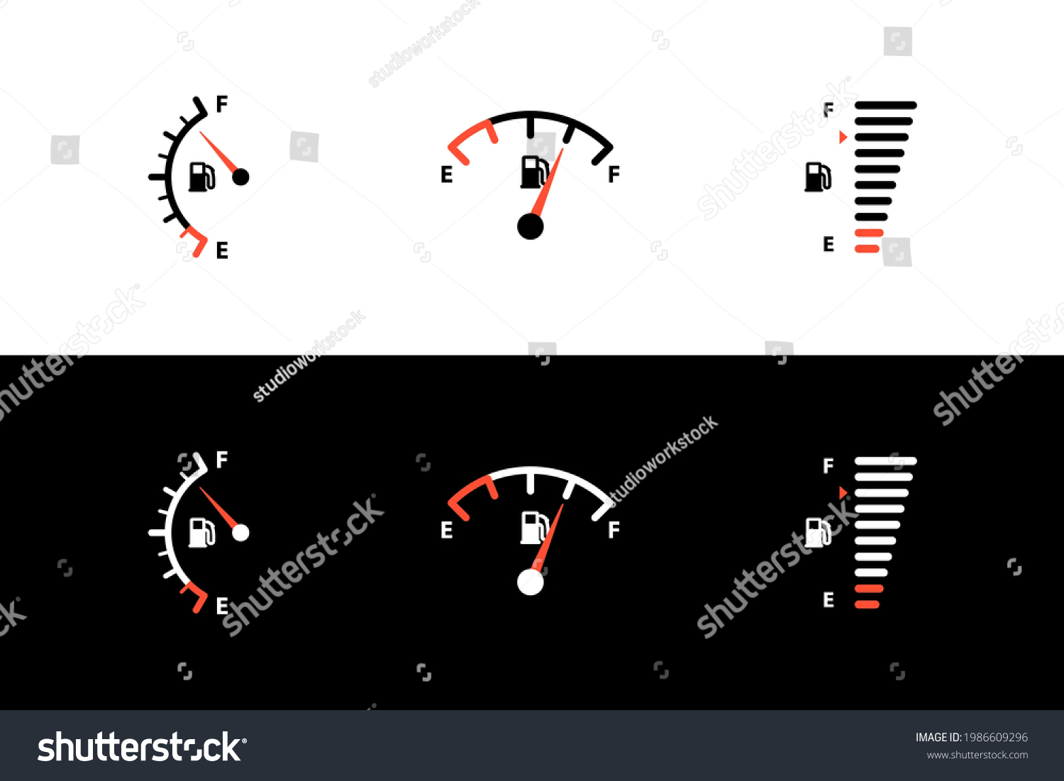 SVG of Car fuel tank indicator with gas, petrol, diesel gauge set. Different dashboard auto panel equipment with arrow needle for indicating fuel level vector illustration isolated on black white background svg