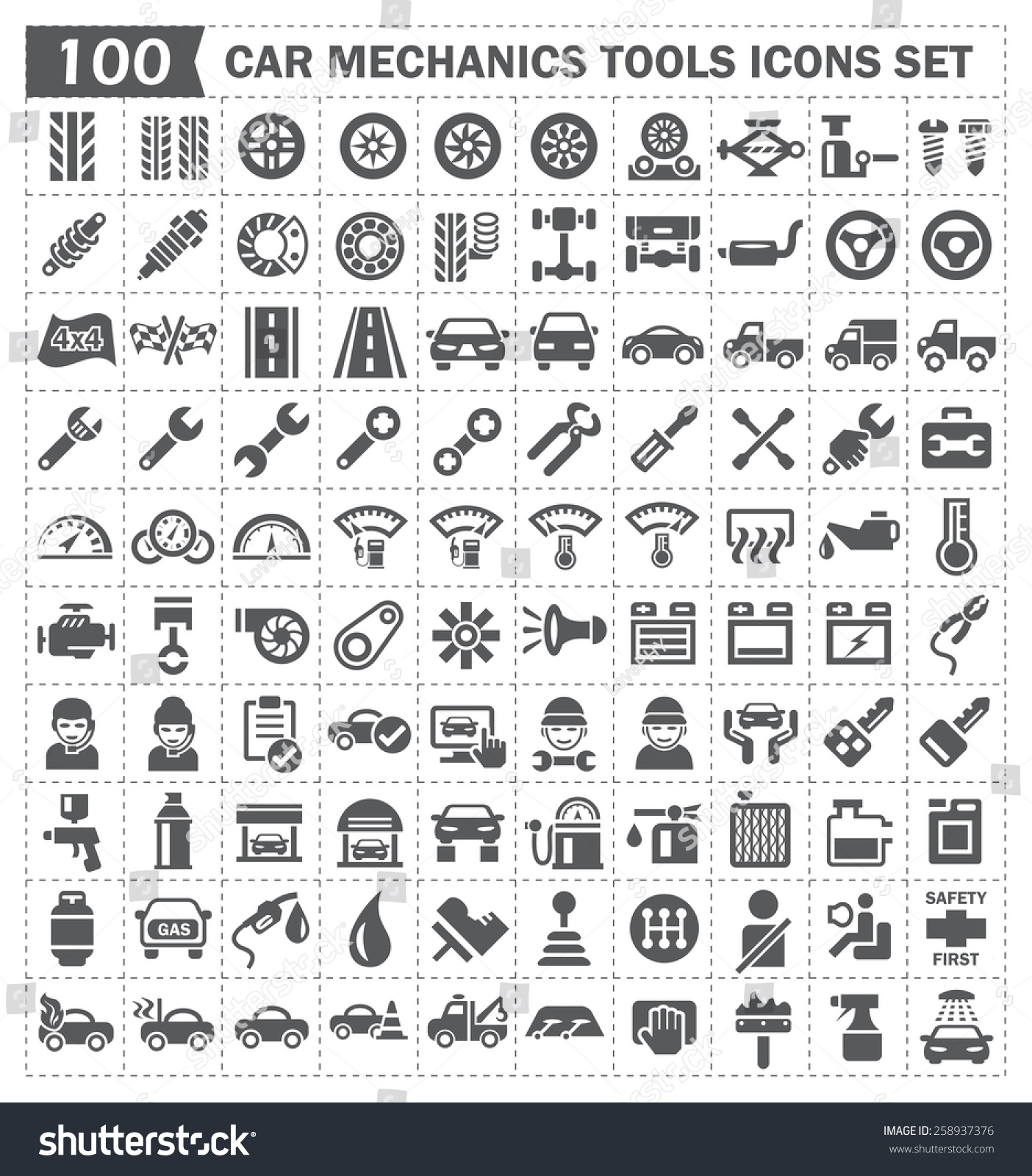 SVG of Car mechanic tool and automotive icon. Consist of service and repair work. Including spare part i.e. engine, battery, transmission, piston, tire, steering etc. For garage and shop and logo element. svg