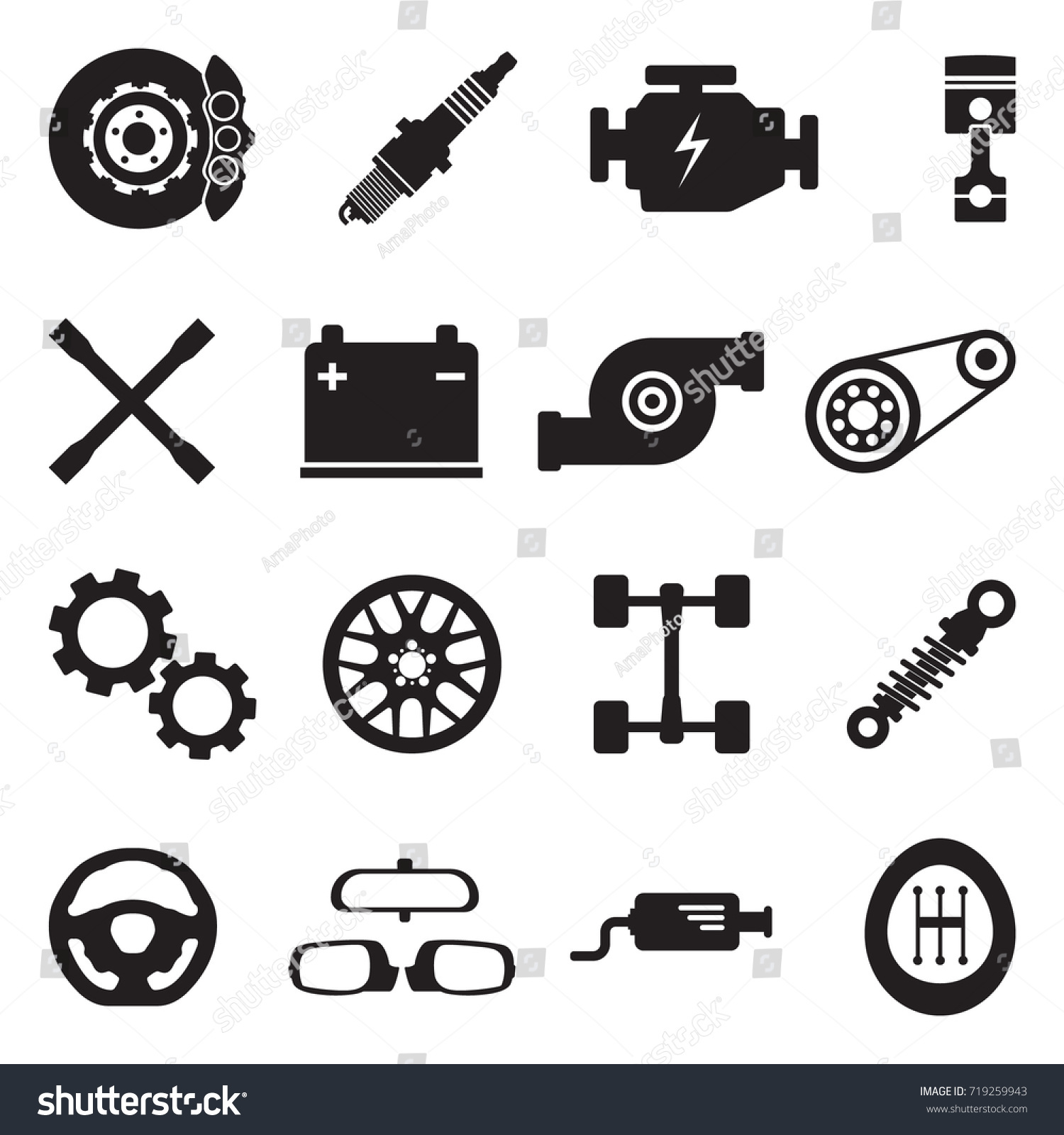 Car Parts Icons Black Flat Design Stock Vector 719259943 - Shutterstock