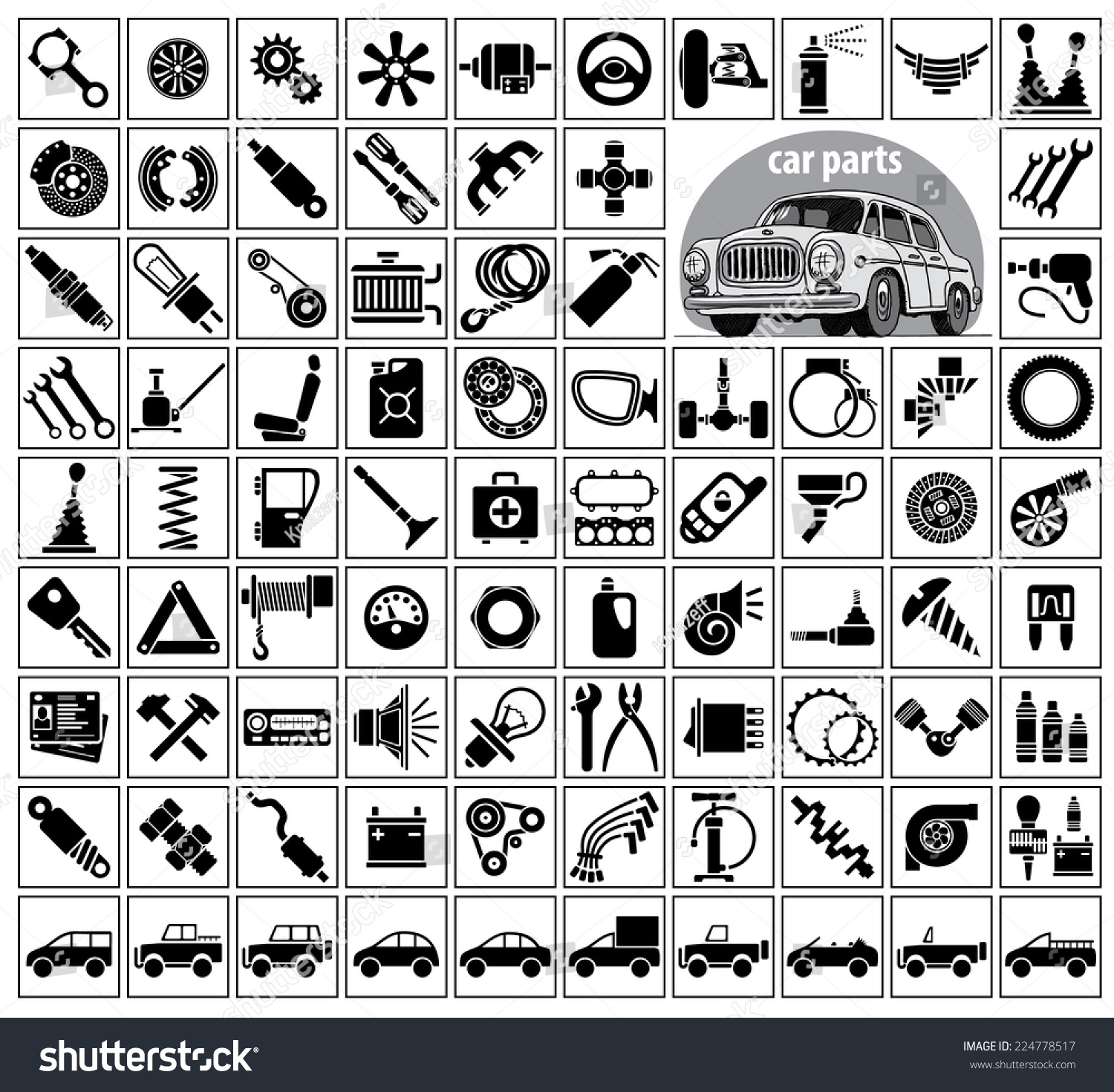 SVG of Car parts, tools and accessories. Eighty four icons and one image of a vintage car. Vector illustration on the white background svg