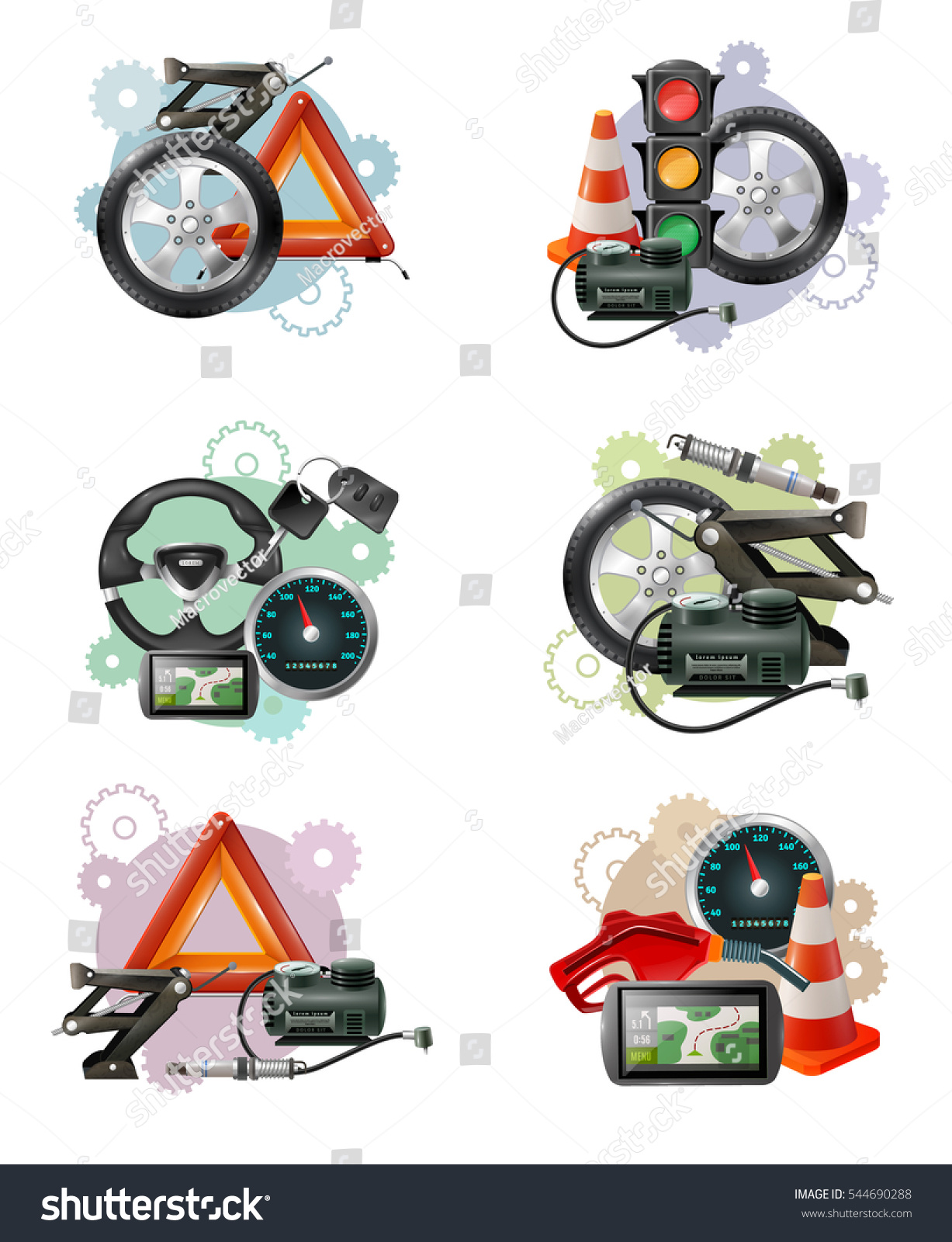 SVG of Car repair and maintenance symbol compositions set with wheels hand screws levelling jacks traffic lights barriers vector illustration svg
