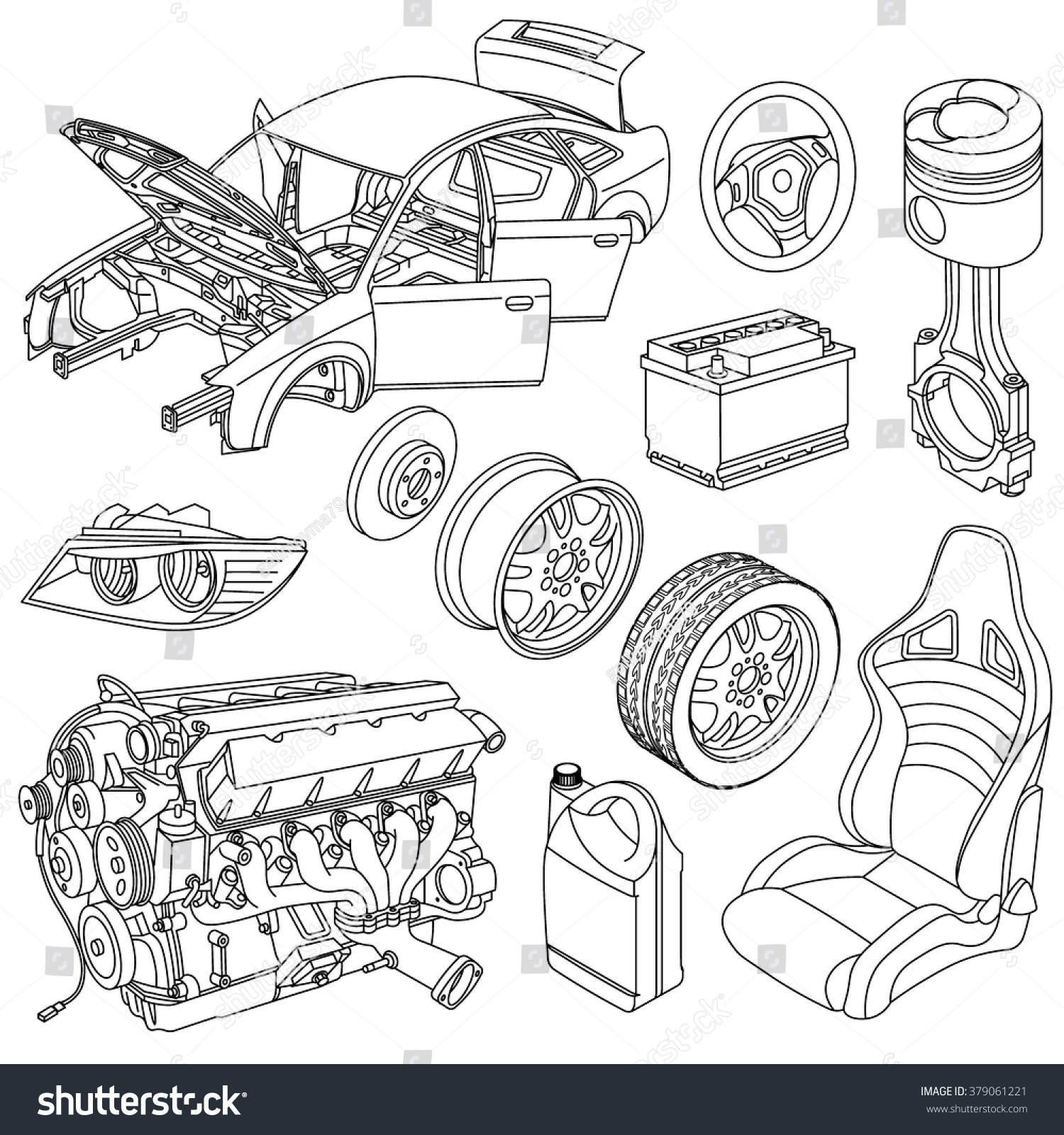 Car Spare Parts Outline Engine Body Stock Vector 379061221 - Shutterstock