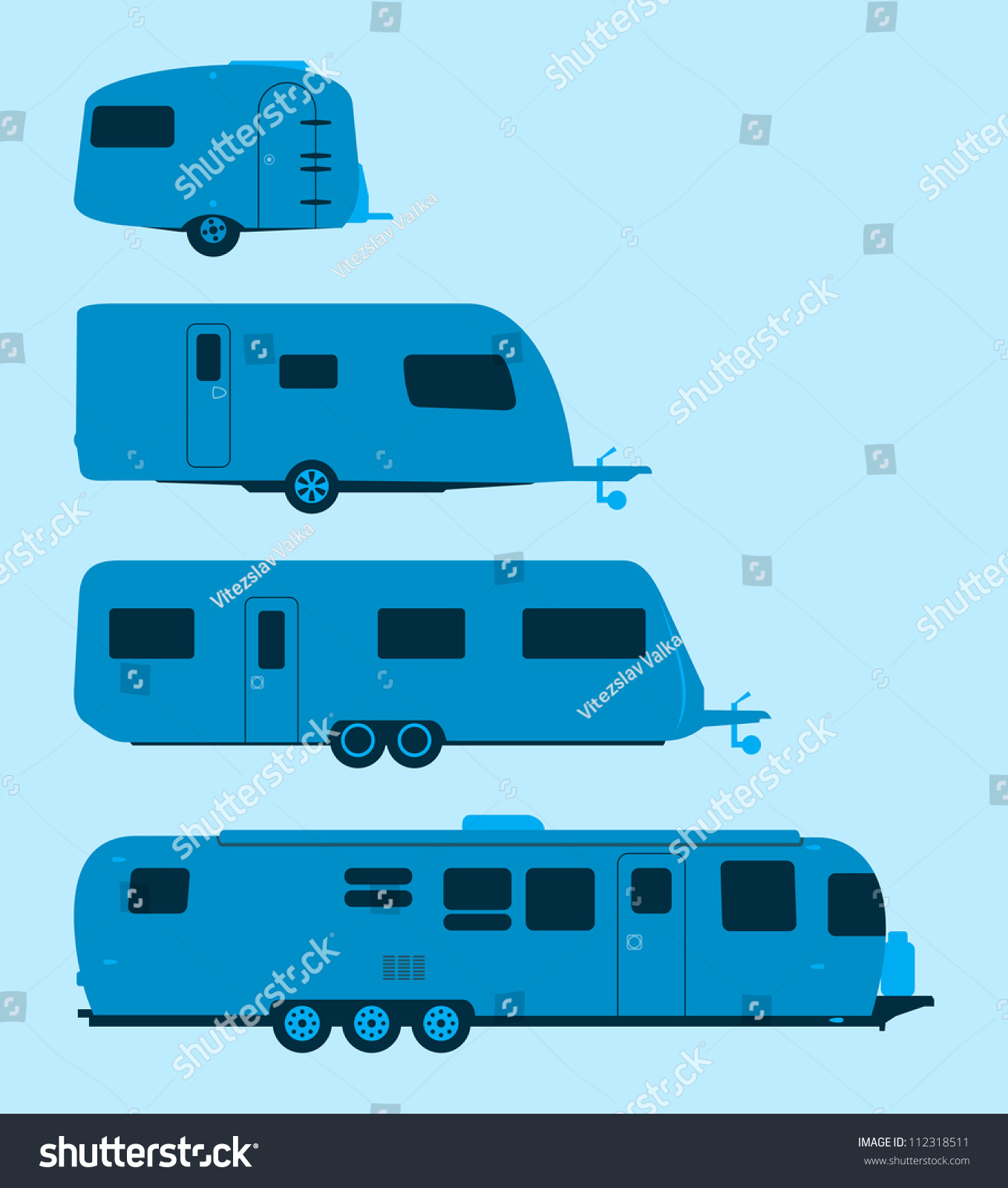 SVG of Caravan Silhouette - Several mobile homes illustration in blue colors svg
