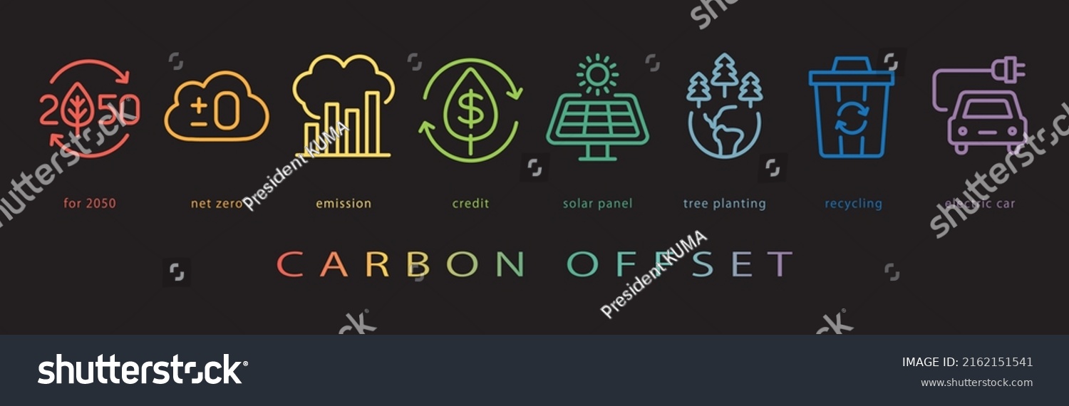 SVG of Carbon offset vector icon set. neon color on black background. svg