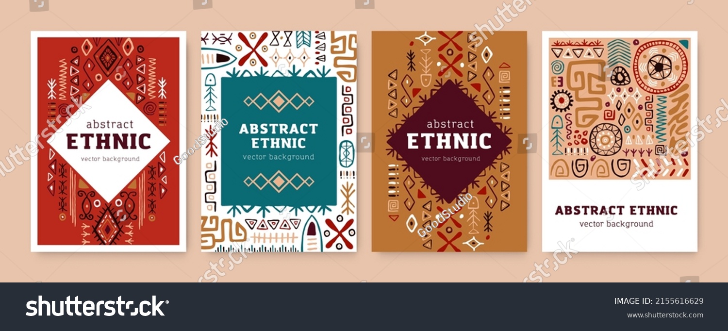 SVG of Card designs with ethnic African tribal ornaments. Abstract background design templates with ancient tribe geometric drawn elements, patterns, shapes, symbols. Isolated flat vector illustrations set svg