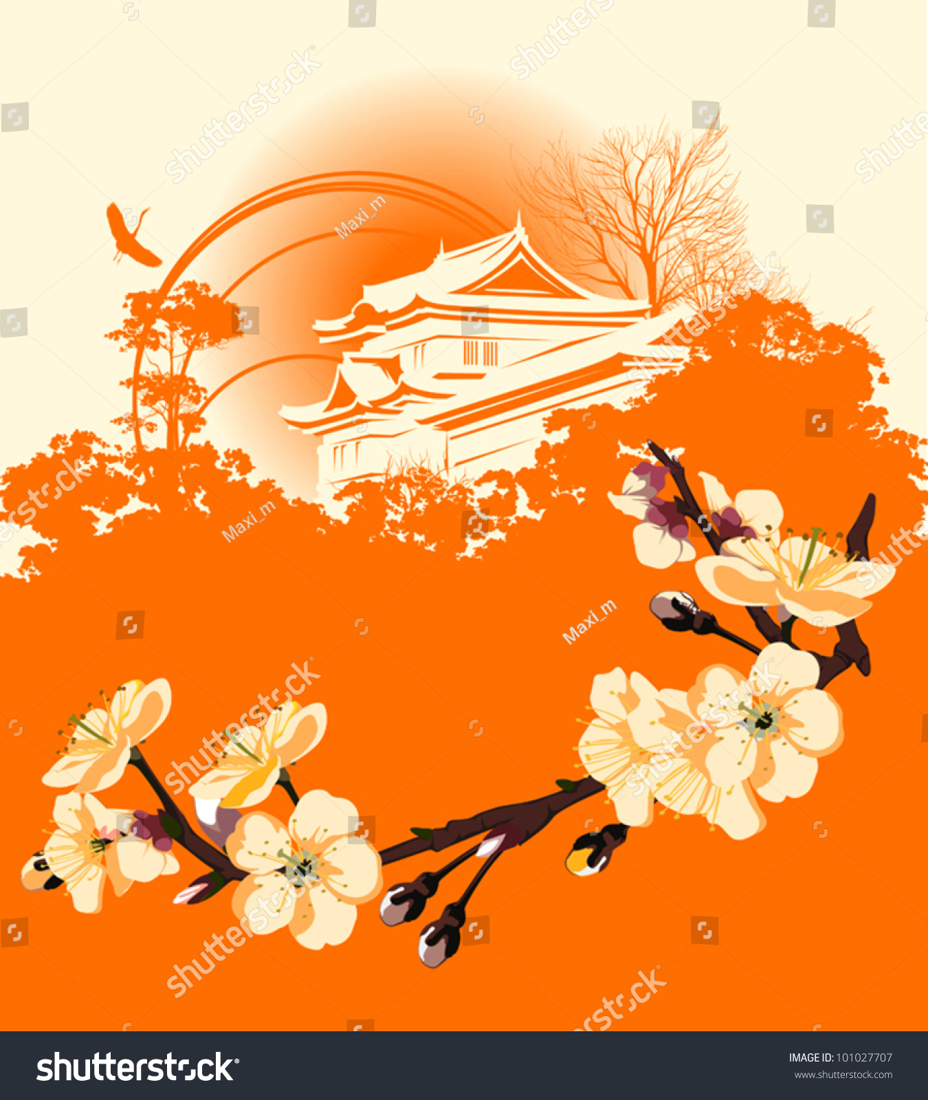 card flower sakura japanese houses stock vector (royalty