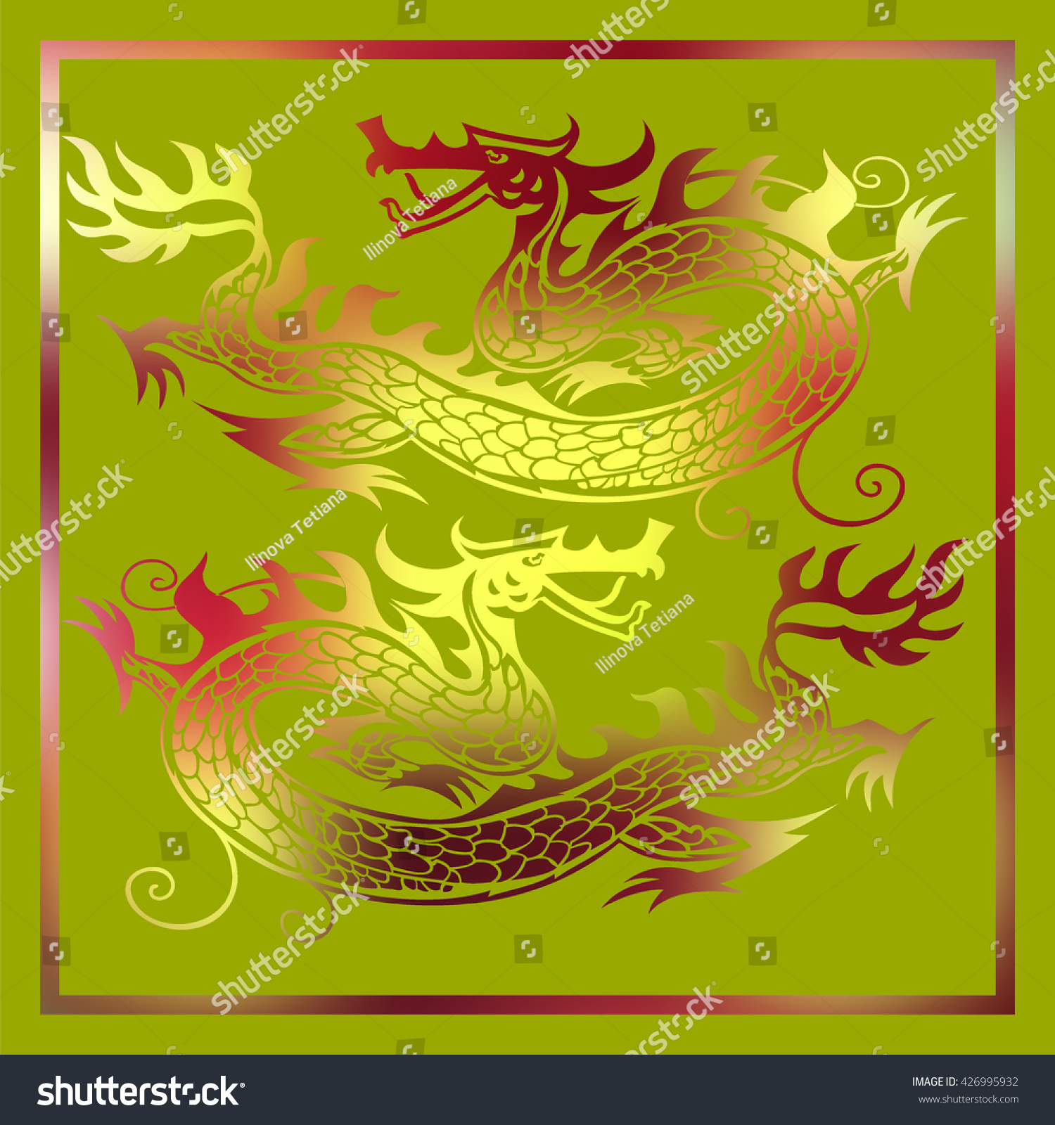 Card With Two Chinese Golden Dragons. Vector Illustration - 426995932 ...