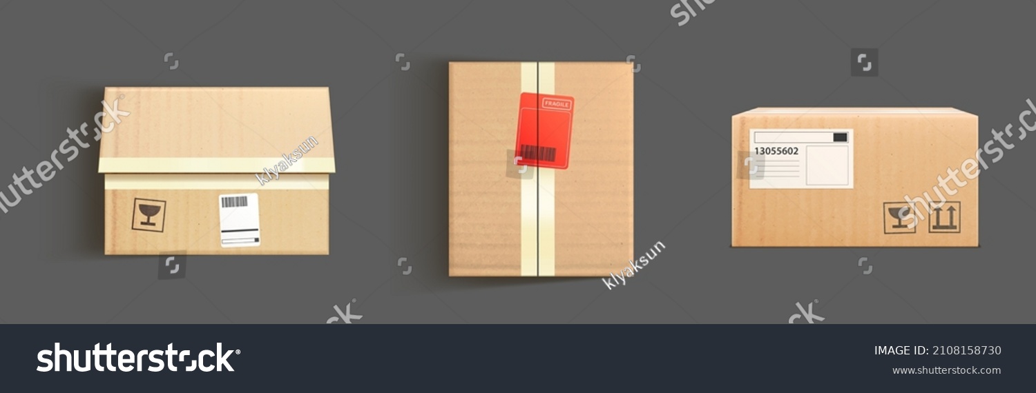 SVG of Cardboard boxes mockup, 3d vector cargo and parcel packages top, front and bottom view with tape and paper labels. Realistic carton closed packaging for goods, isolated packs for freight shipping svg