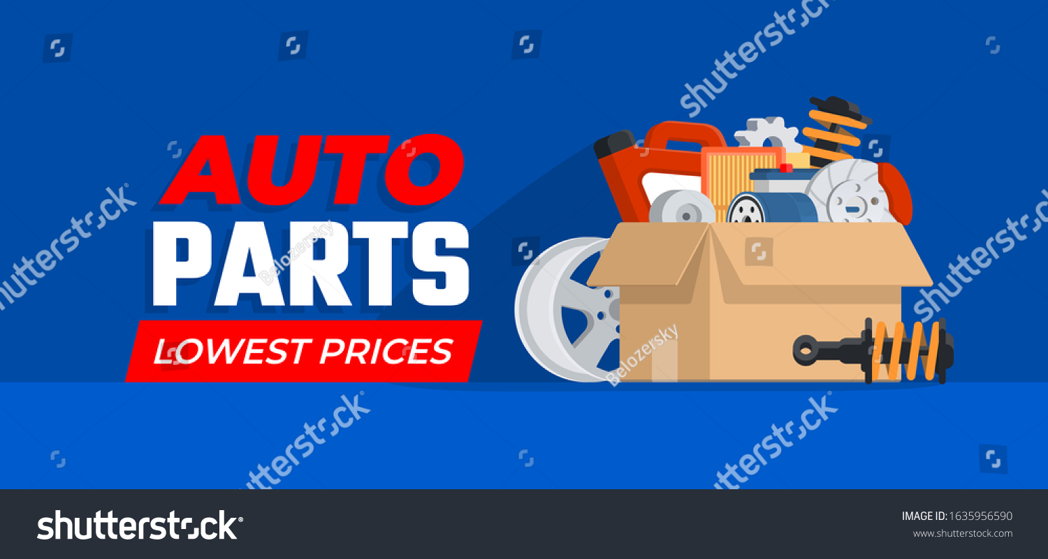 SVG of Cardboard with car parts. Various auto accessories. Concept for shop. Vector illustration in flat style svg