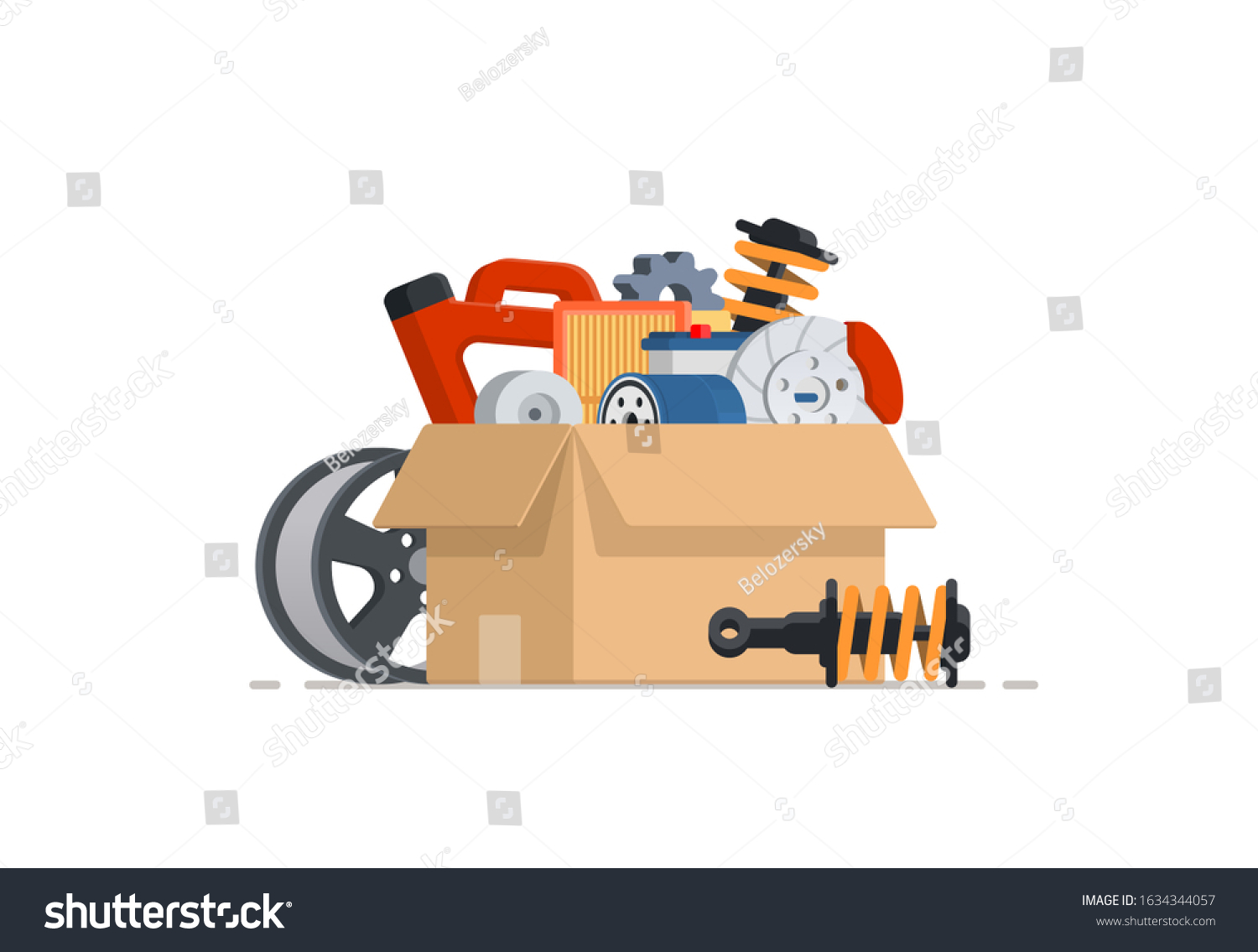 SVG of Cardboard with car parts. Various auto accessories. Concept for shop. Vector illustration isolated on white background. svg