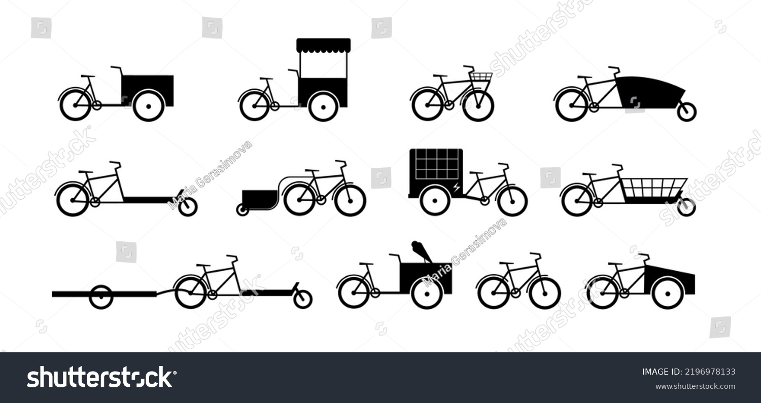 SVG of Cargo Bikes silhouette icon set. Different bicycle types. Bakfiets, cart, long john, long tail, bikes for transportation, electric cargo bike, bicycle with basket. Flat vector illustration svg