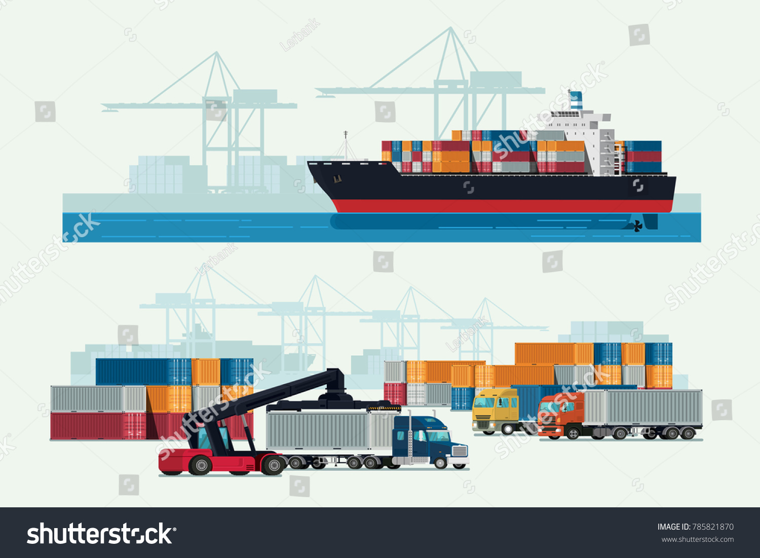 SVG of Cargo logistics truck and transportation container ship with working crane import export transport industry. illustration vector svg
