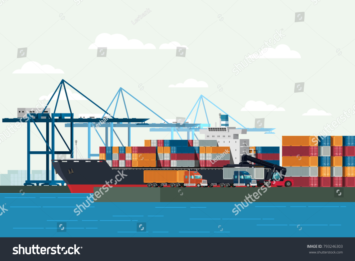 SVG of Cargo logistics truck and transportation container ship with working crane import export transport industry in shipping yard. illustration vector svg