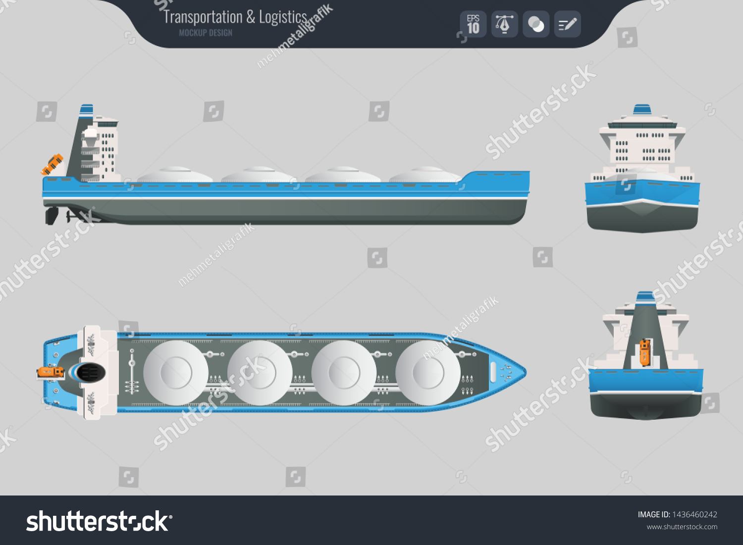 SVG of Cargo ship on a grey background. Top, side and front view. Container transport in flat style. Vector illustration svg