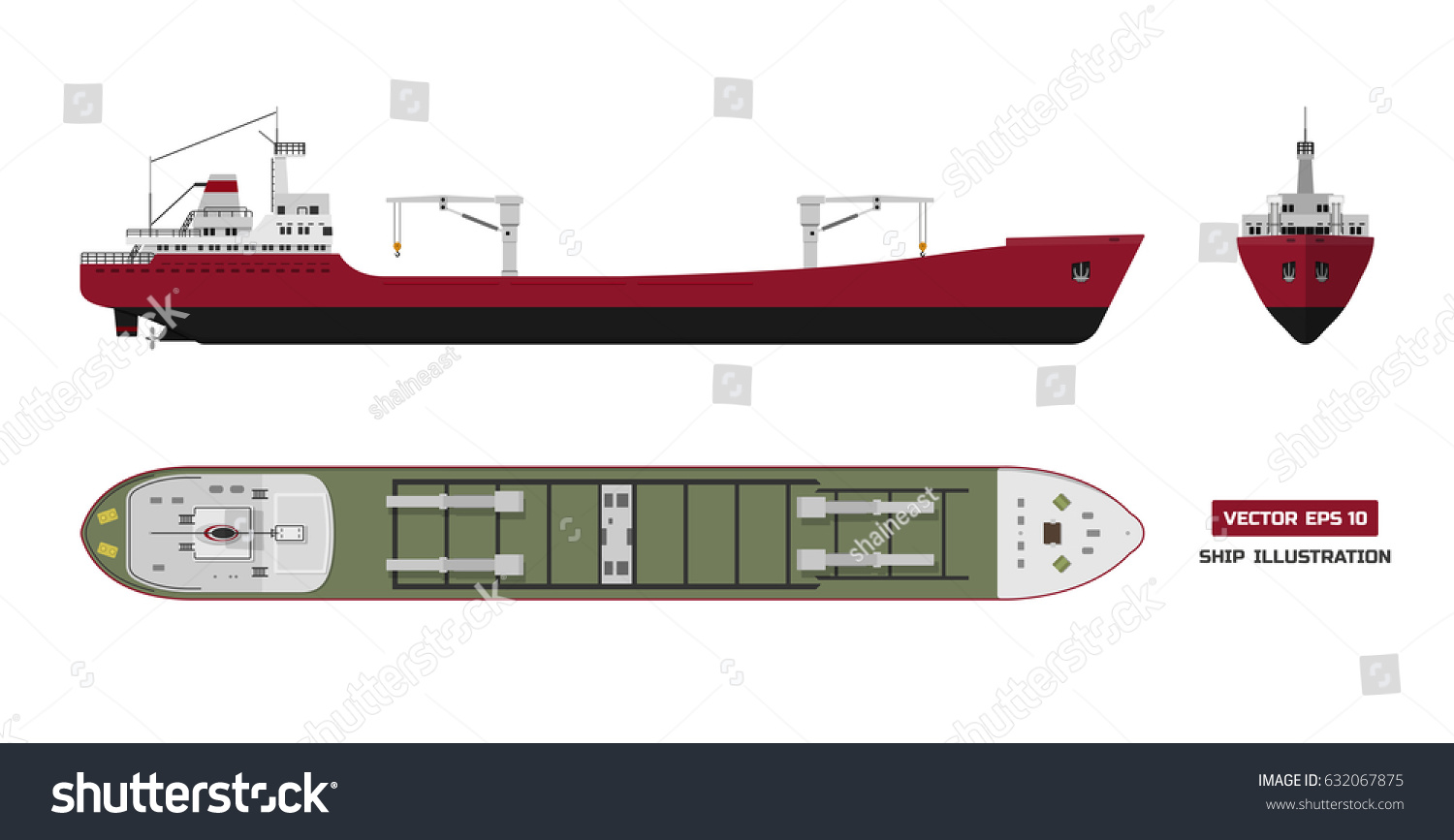 SVG of Cargo ship on a white background. Top, side and front view. Container transport in flat style. Vector illustration svg
