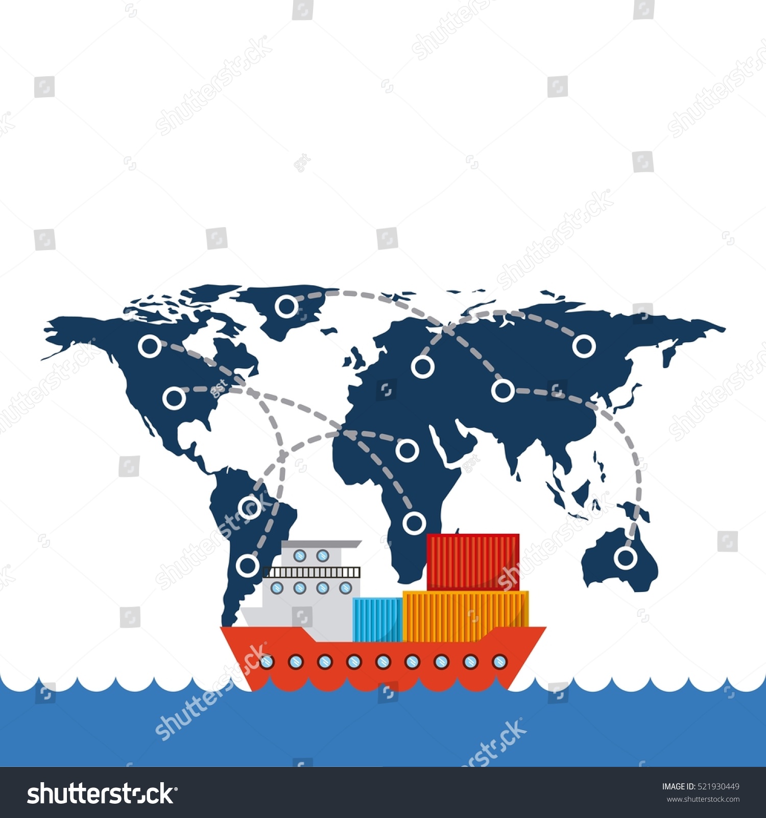 Vektor Stok Cargo Ship Container Over World Map (Tanpa Royalti ...